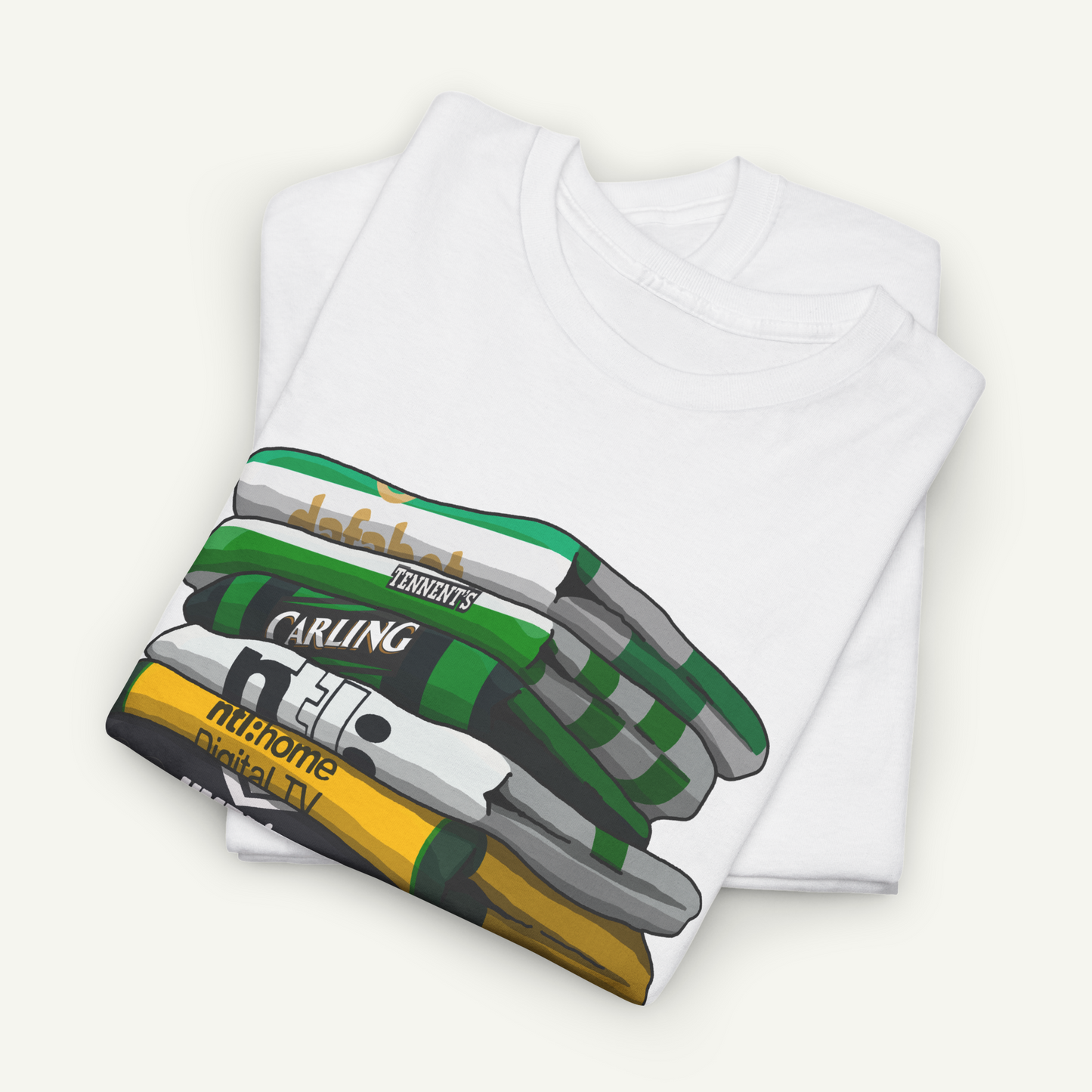 A white t-shirt with a graphic design depicting a stack of books.