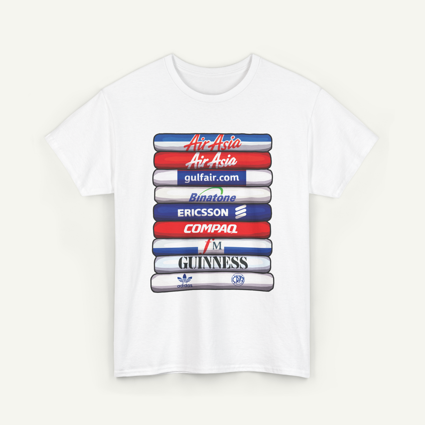 A white t-shirt with a graphic design featuring a stack of various logos and brand names.