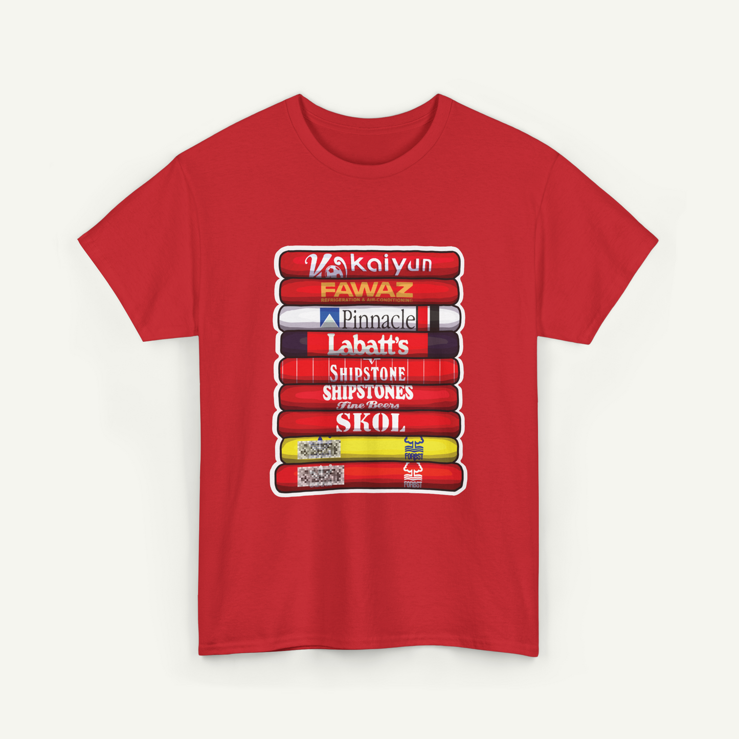 A red t-shirt with a graphic design depicting a stack of books with various text labels on the spines.