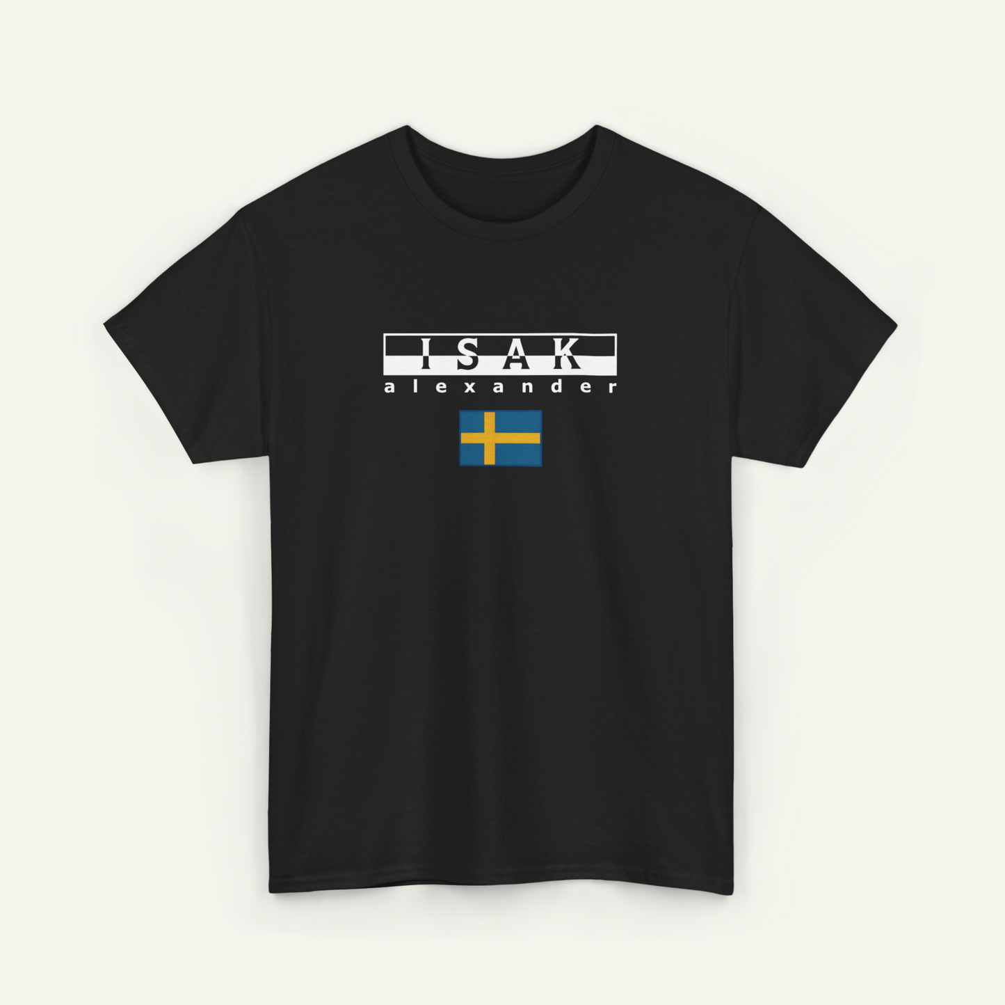 A black t-shirt with the text "ISAK Alexander" printed on it, along with a small flag of Sweden.
