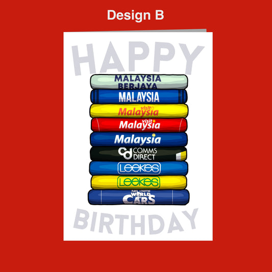 A birthday card with a stack of colorful pencils, each representing a different brand or company, such as Malaysia, Leeks, and Leekes. The text "Happy Birthday" is displayed on the card.