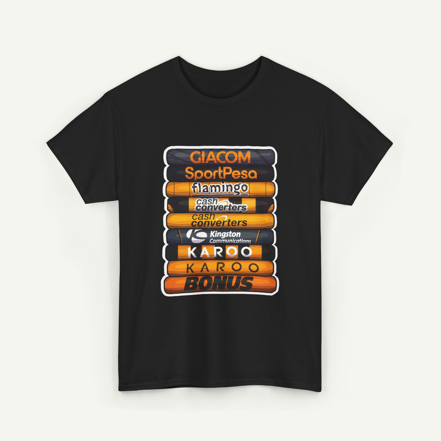 A black t-shirt with a graphic design featuring a stack of orange and black tubes with various text and logos printed on them.