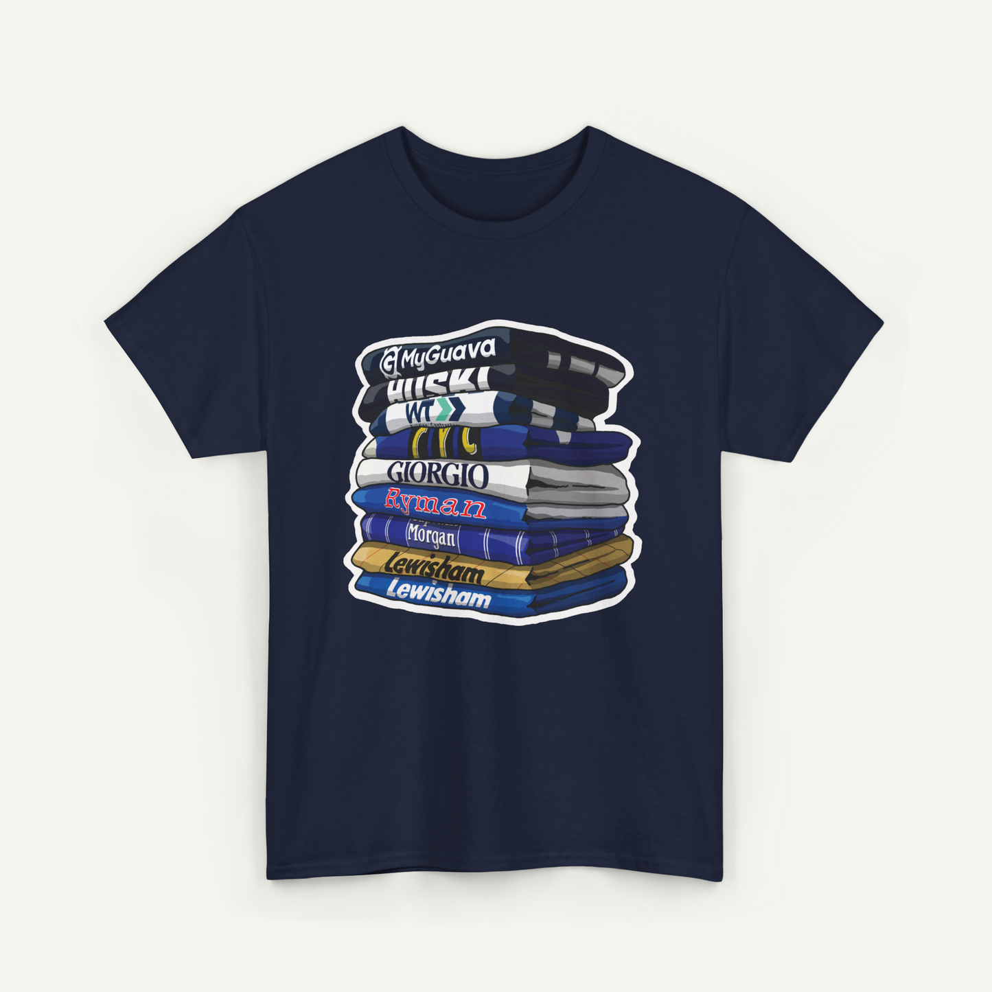 A navy blue t-shirt with a graphic design depicting a stack of books with various colored covers, each book labeled with a different name.