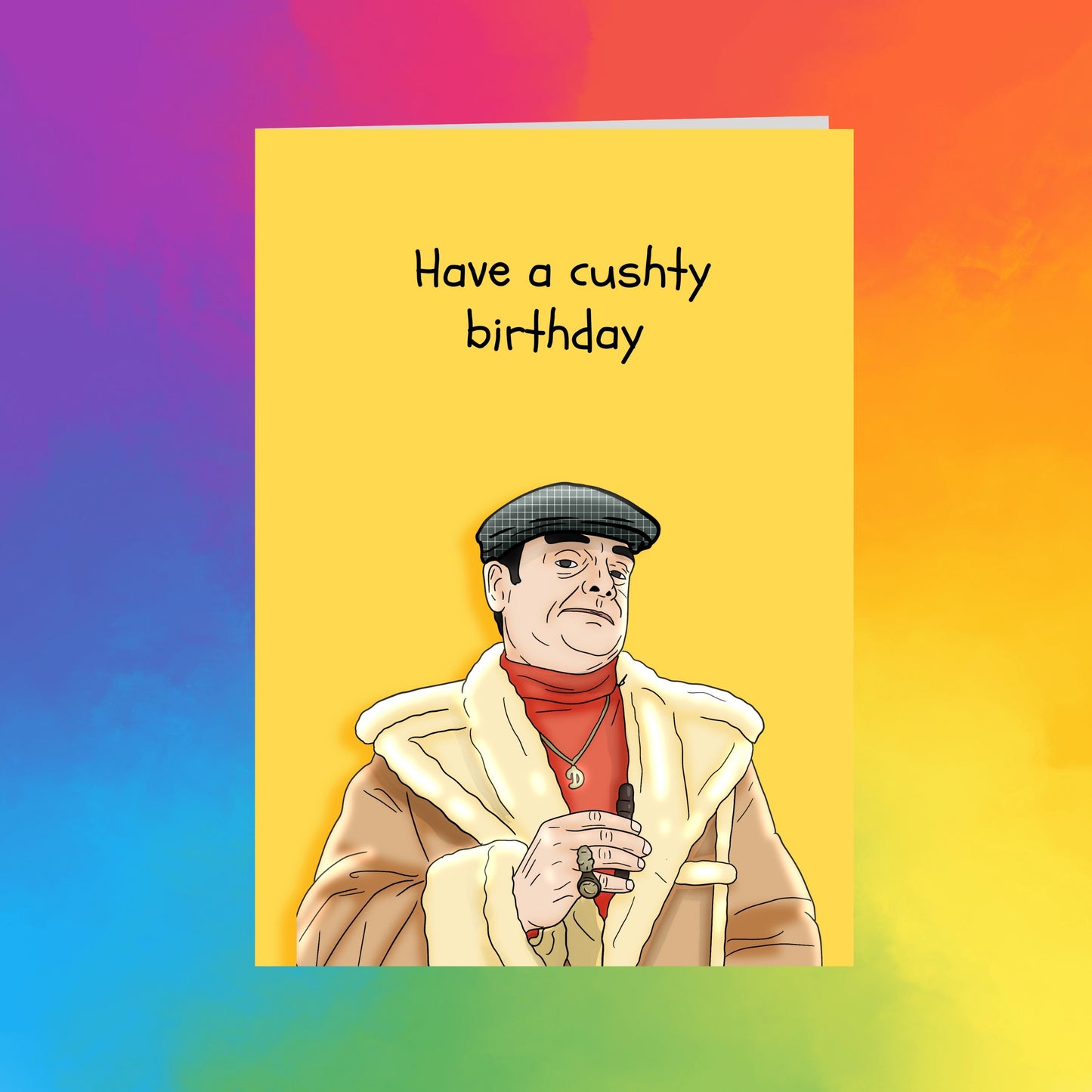 a cartoon illustration of a man wearing a hat and coat, with the text "Have a cushy birthday" written above him.