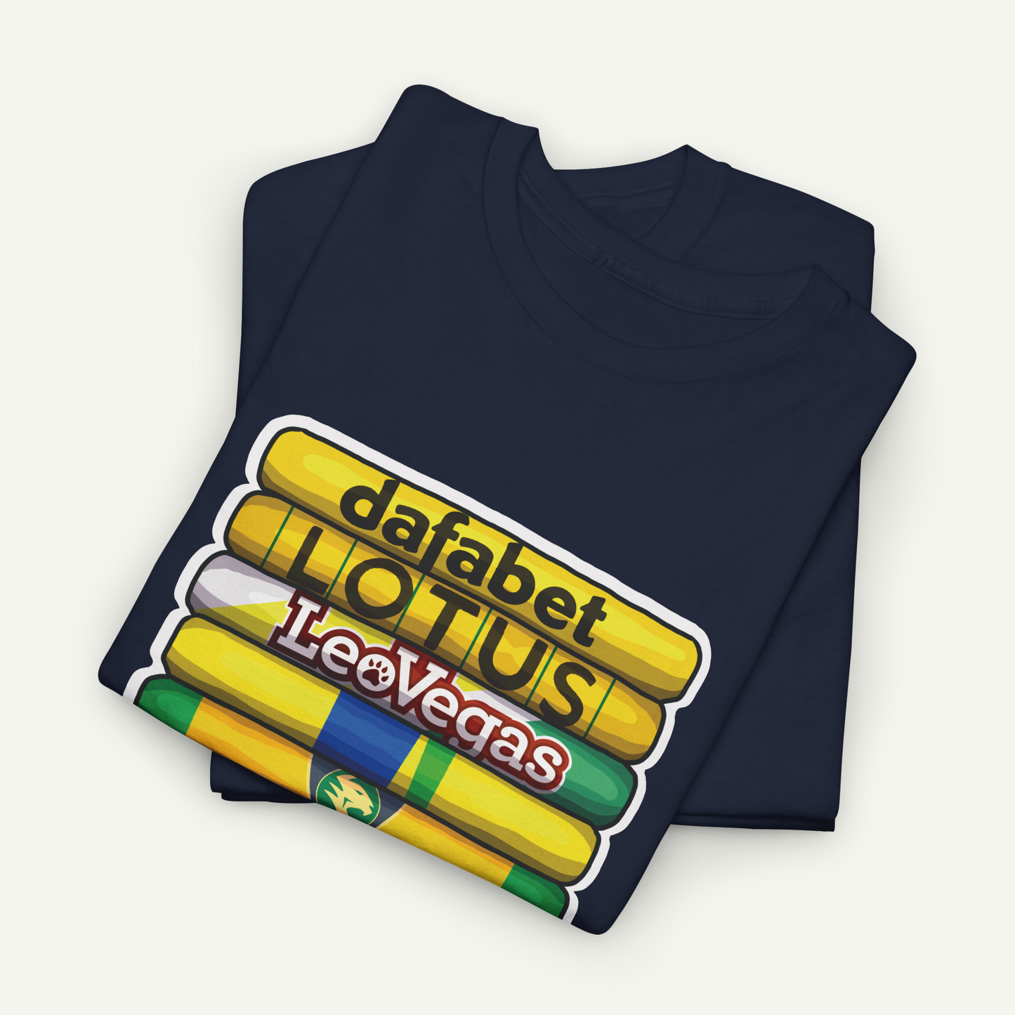 A navy blue t-shirt with a graphic design featuring a stack of yellow and green tubes with the text "dafabet LUTUS LeoVegas" printed on them.
