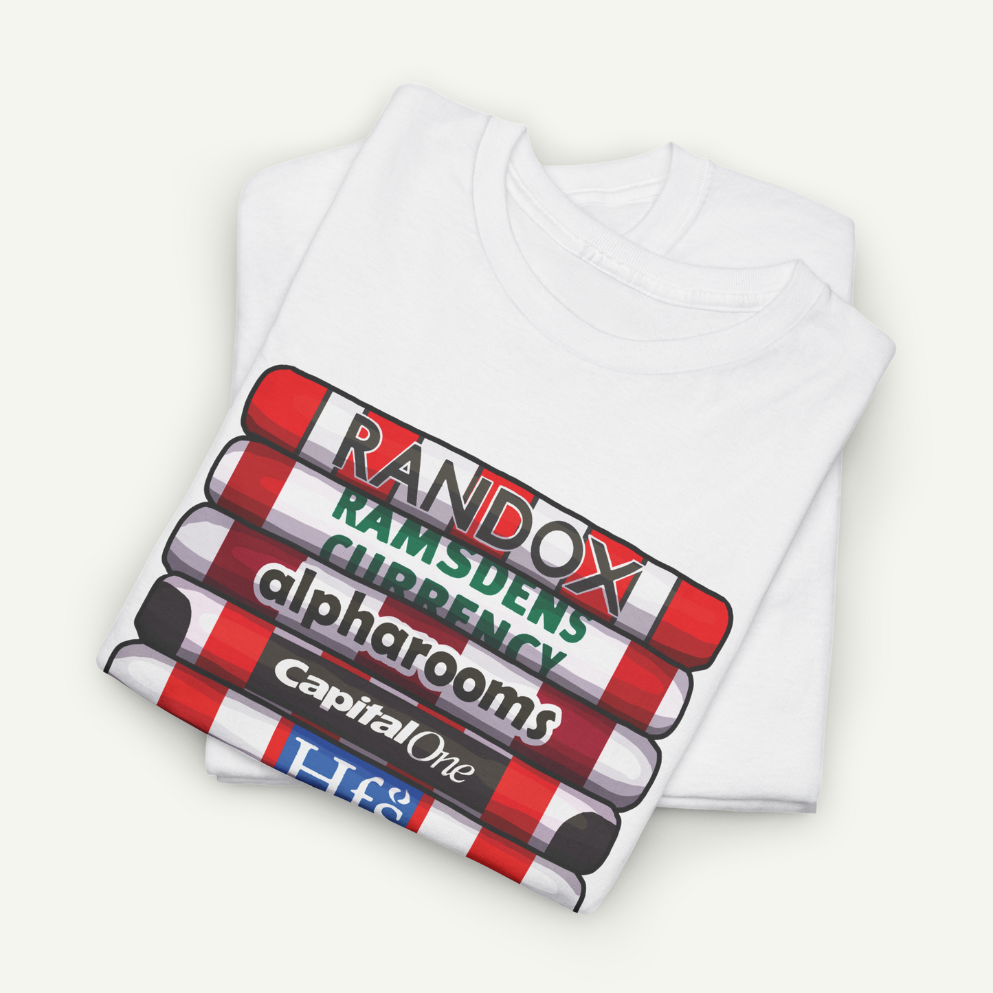 A white t-shirt with a graphic design featuring a stack of red and white striped tubes with text printed on them.
