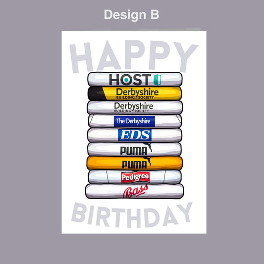 A birthday card with a stack of various logos and text, including "HOST" and "DERBYSHIRE" among others.