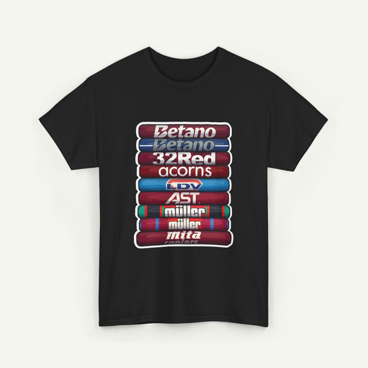 A black t-shirt with a graphic design featuring a stack of colored tubes or tubes with text on them.