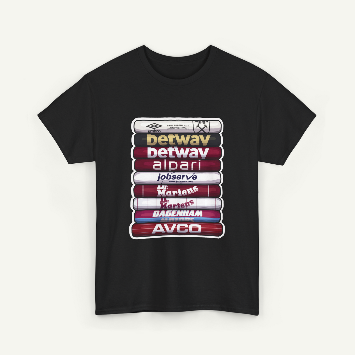 A black t-shirt with a graphic design featuring a stack of colorful tubes or cylinders, each representing a different type of business or organization.