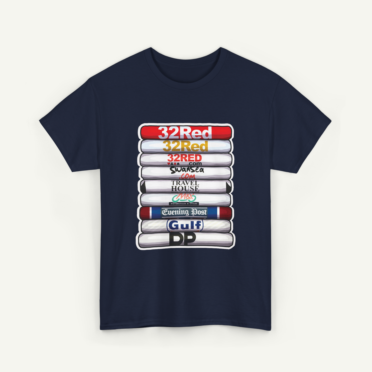 A navy blue t-shirt with a graphic design depicting a stack of colored bars, each representing a different news organization or media outlet.