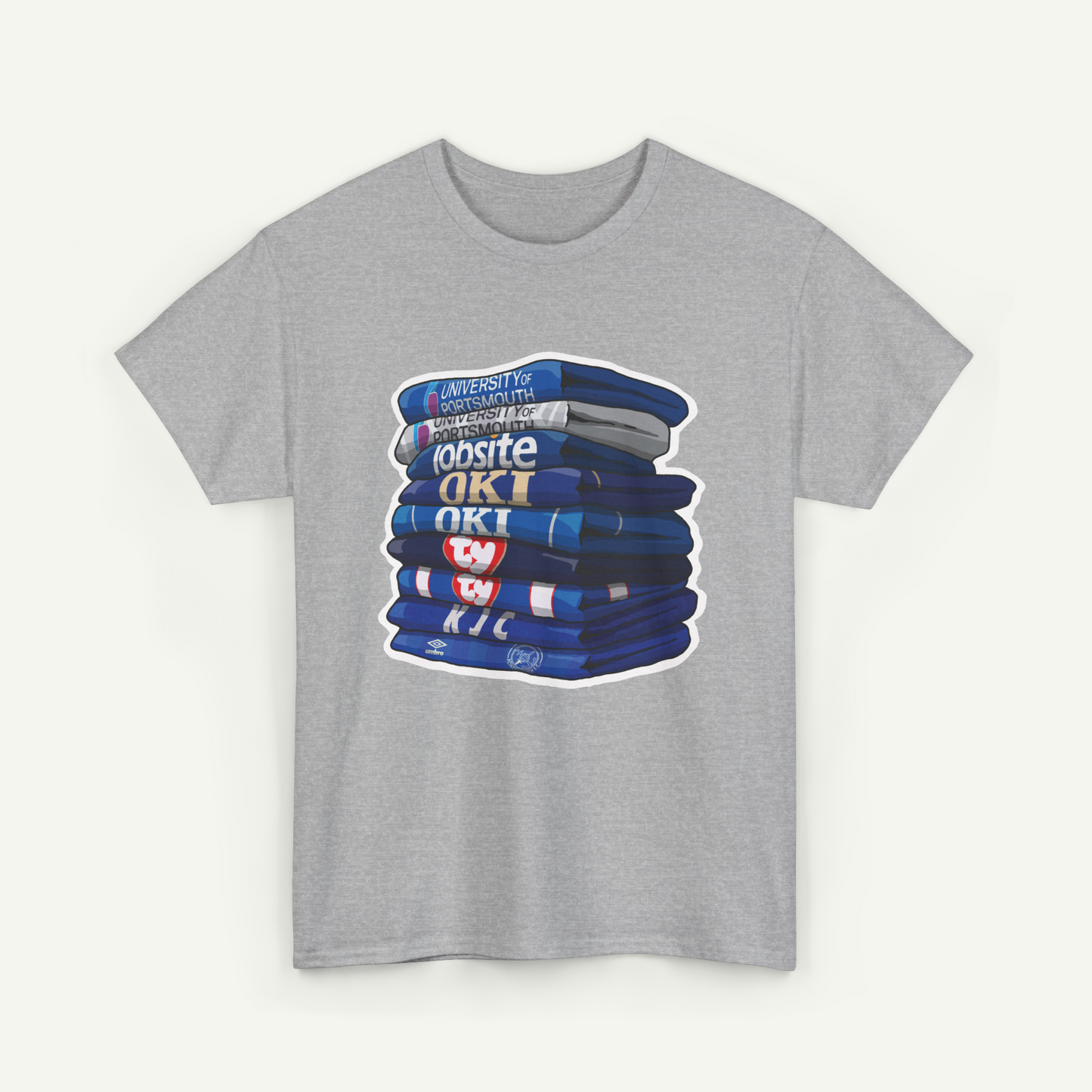 A gray t-shirt with a graphic design depicting a stack of blue and white towels or blankets.