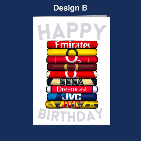 A birthday card with a stack of colorful books, each representing a different sports team or brand, such as Emirates, Sega Dreamcast, and JVC.
