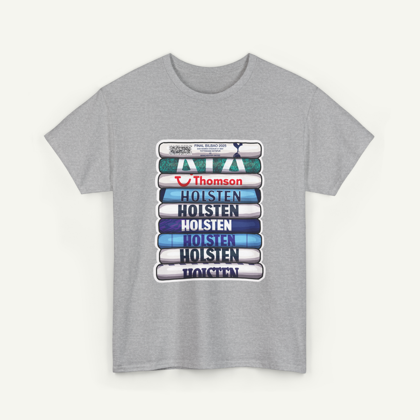 A gray t-shirt with a graphic design featuring a stack of books with the text "Holsten Holsten Holsten Holsten" printed on them.