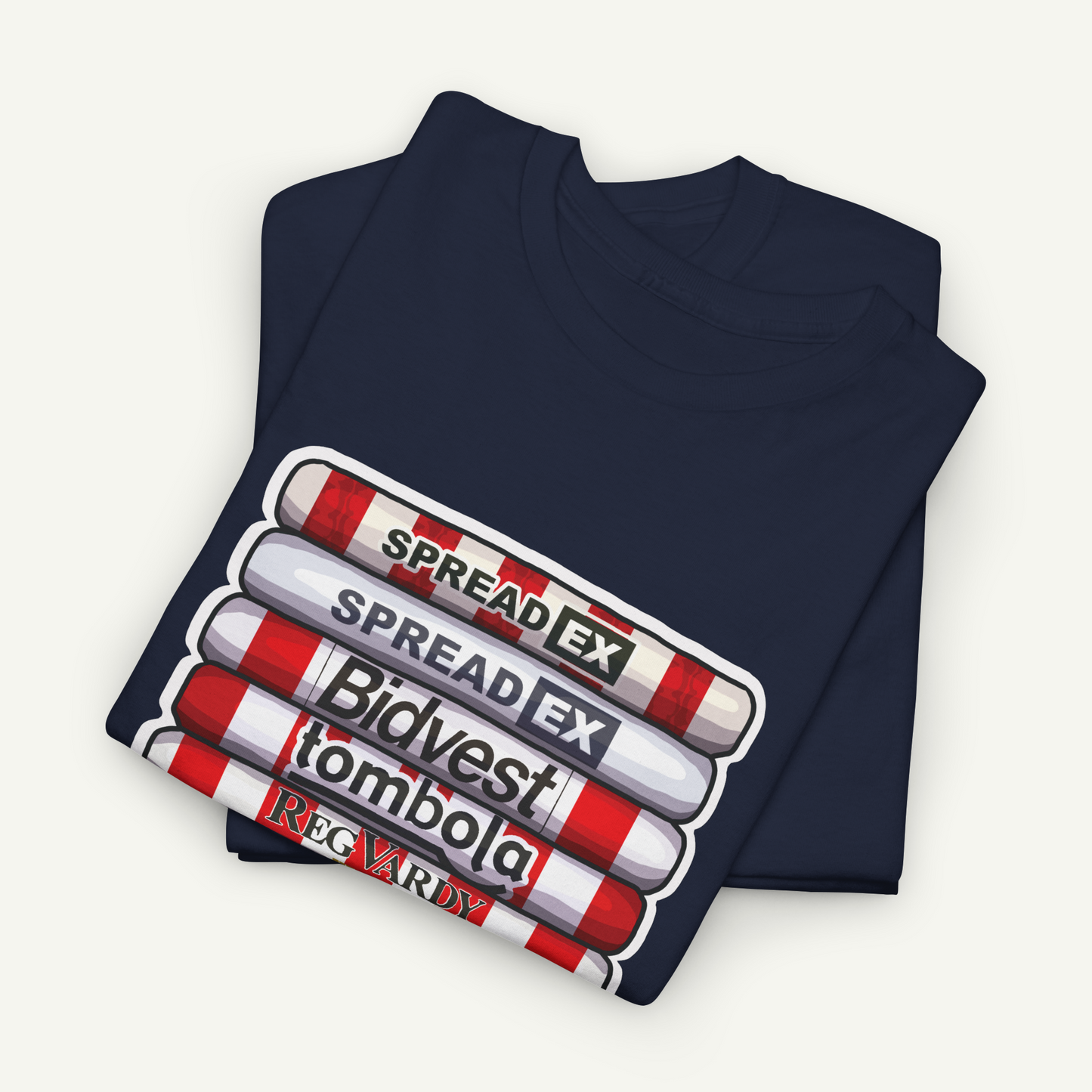 A navy blue t-shirt with a graphic design featuring a stack of red and white striped tubes with the text "SPREAD EX" printed on them.