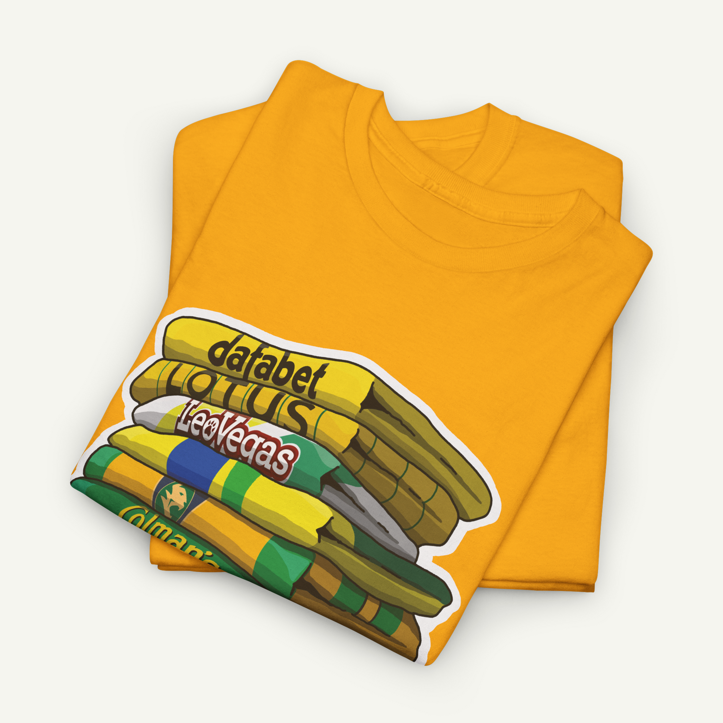 a yellow t-shirt with a graphic design featuring a stack of books or magazines with the text "DATA BET LOTUS Les Vegas" printed on them.