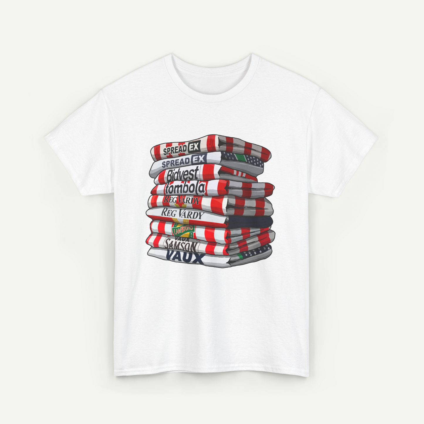 A white t-shirt with a graphic design depicting a stack of books or books arranged in a patterned design.