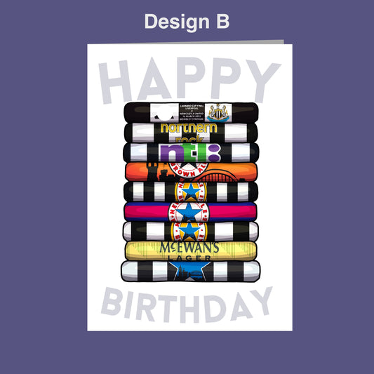A birthday card with a stack of colorful tubes or bottles, each with a different logo or text, arranged in a visually appealing manner.