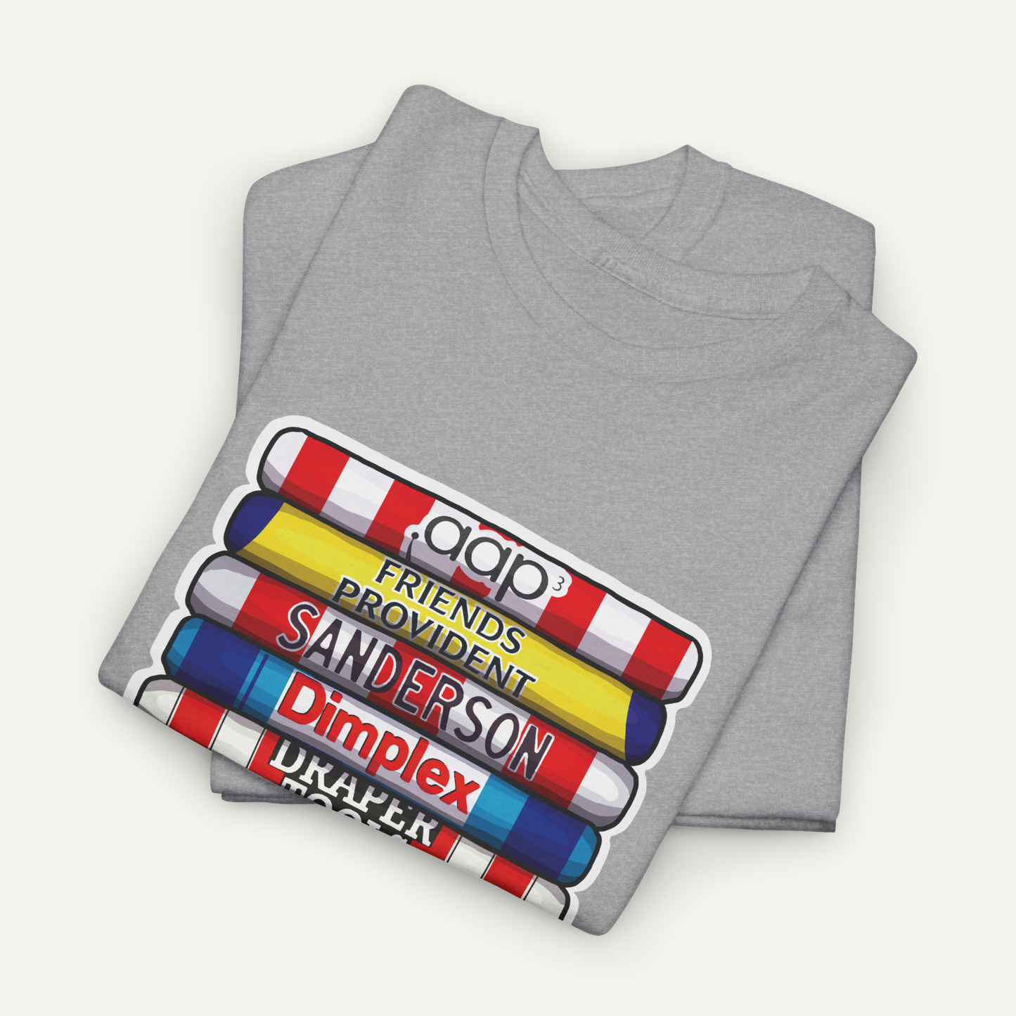A gray t-shirt with a graphic design featuring a stack of colorful pencils with the text "DIMPLEX DRAPER" printed on them.