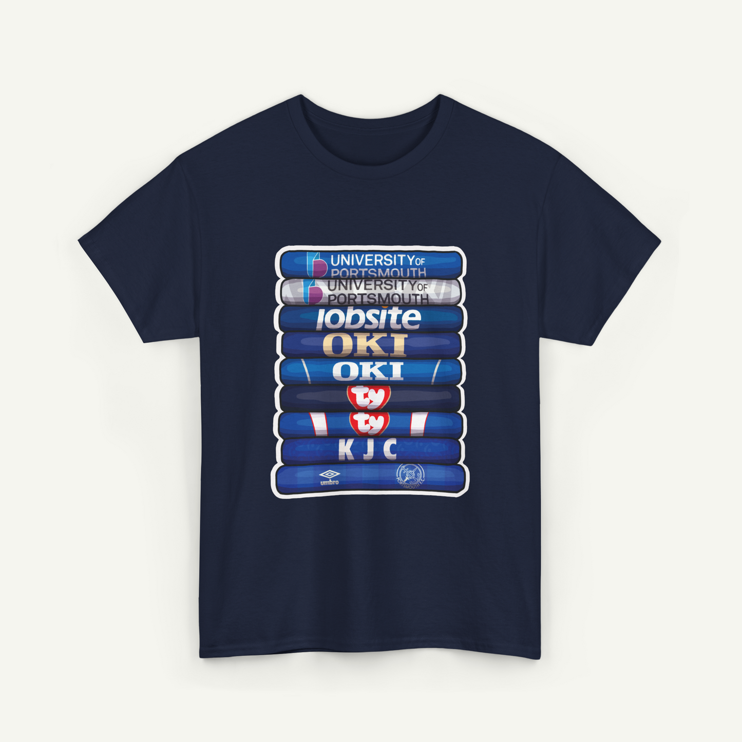 A navy blue t-shirt with a graphic design featuring a stack of blue books with white and red text and logos on the spines.