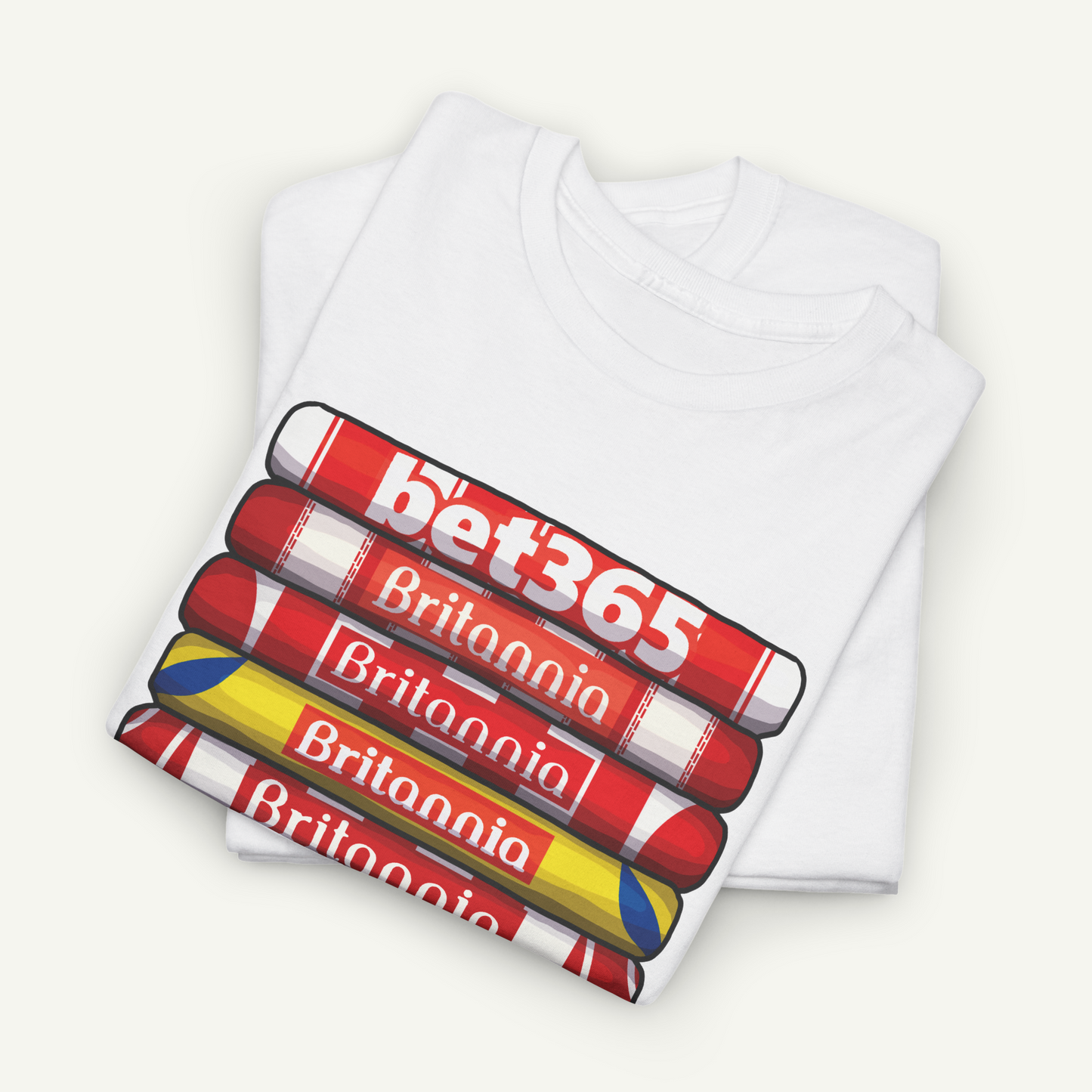 A white t-shirt with a graphic design featuring a stack of red and white tubes with the text "bet365" printed on them.