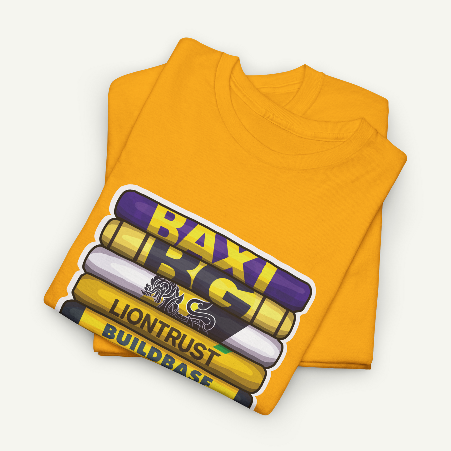 a yellow t-shirt with a graphic design featuring a stack of colored pencils and the text "BAXI" and "LIONTRUST BUILDBASE".