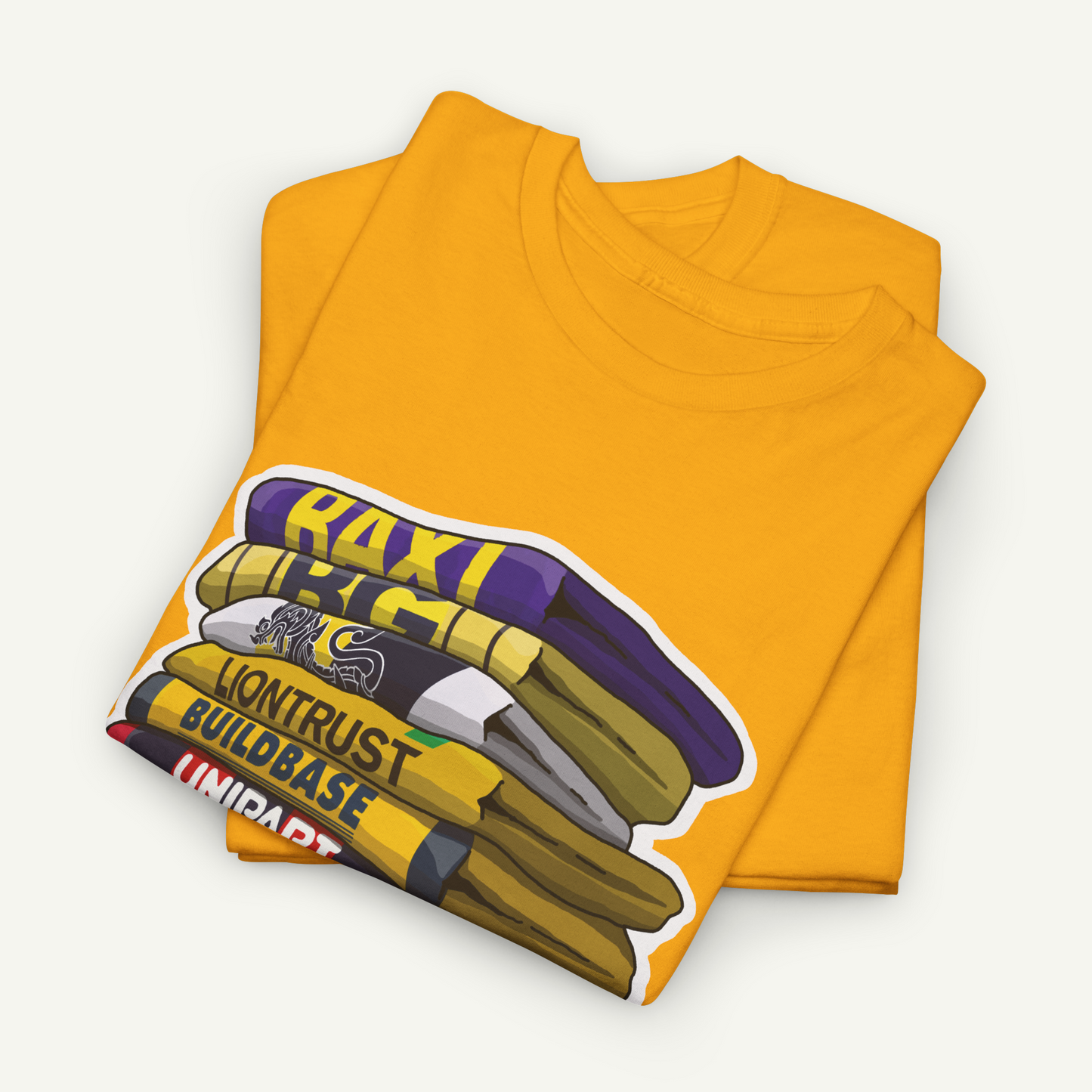 a yellow t-shirt with a graphic design on it, which appears to be a stack of books or a stack of colored pencils.