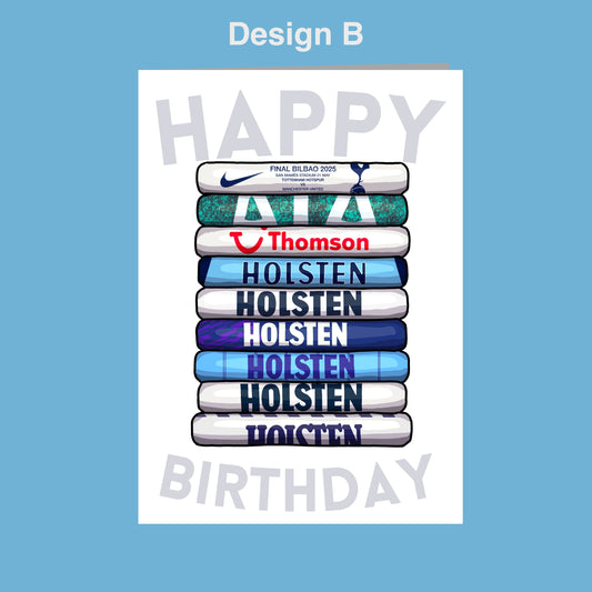 A birthday card with a stack of football jerseys representing different teams, including the English Football Club and the Spanish Football Club.