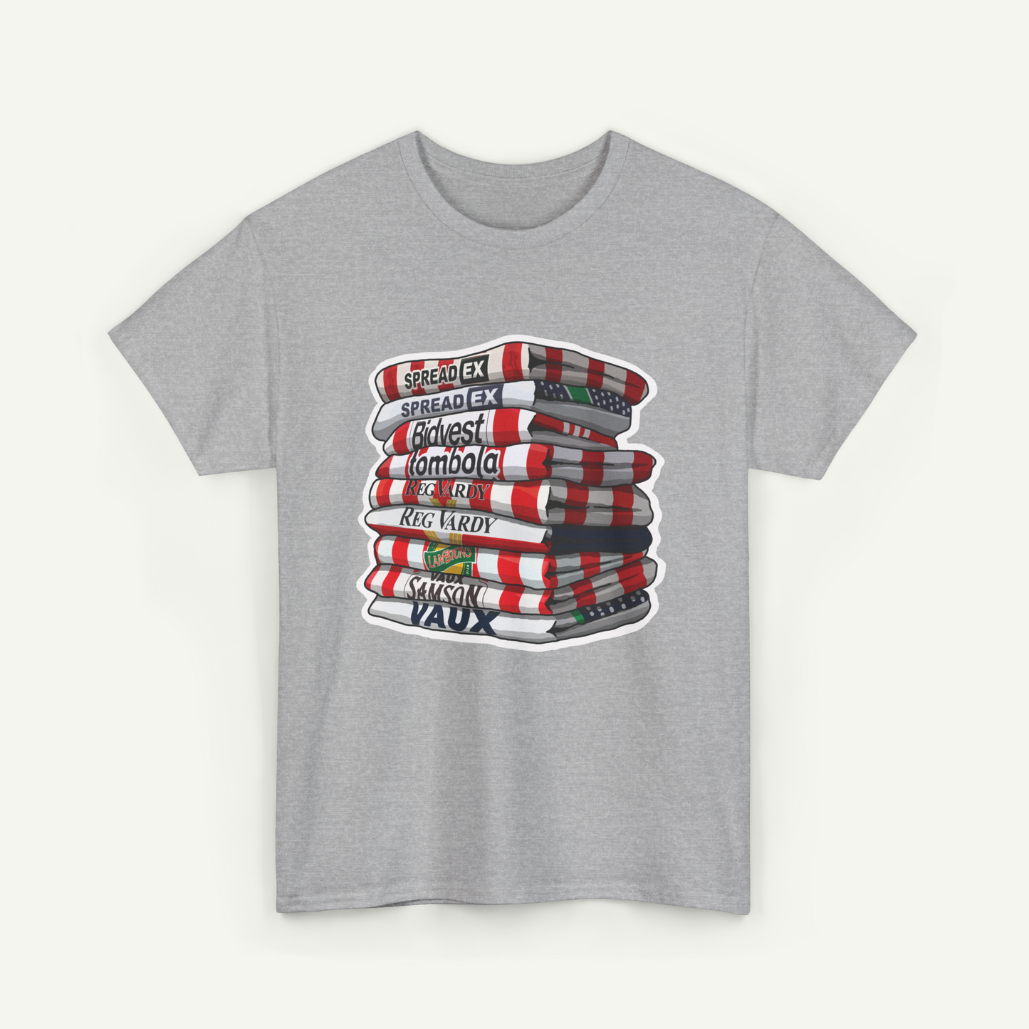 A gray t-shirt with a graphic design depicting a stack of books with various text labels on the spines.
