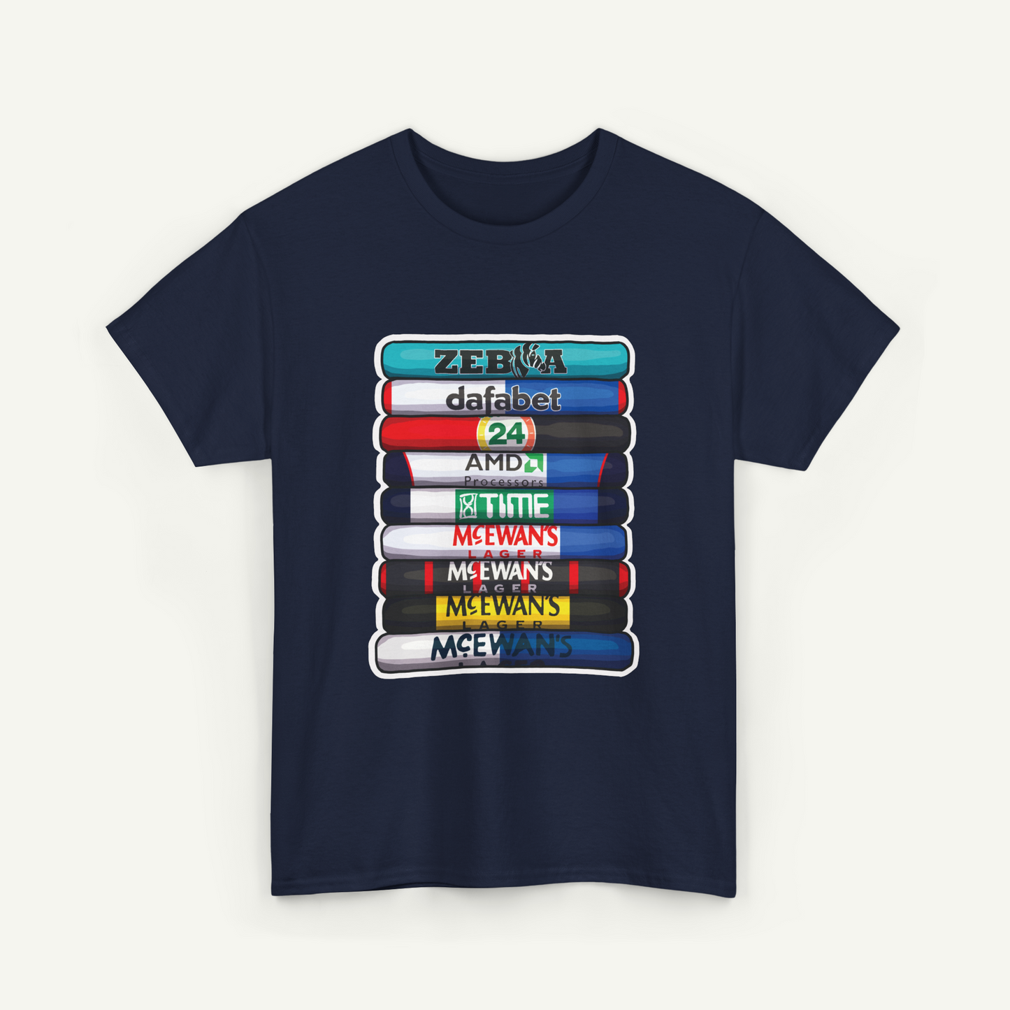 A navy blue t-shirt with a graphic design depicting a stack of colorful bars or blocks, each with a different company name written on it.