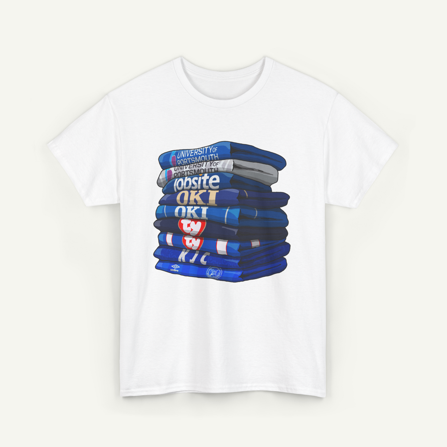 A white t-shirt with a graphic design depicting a stack of blue and white books or magazines.