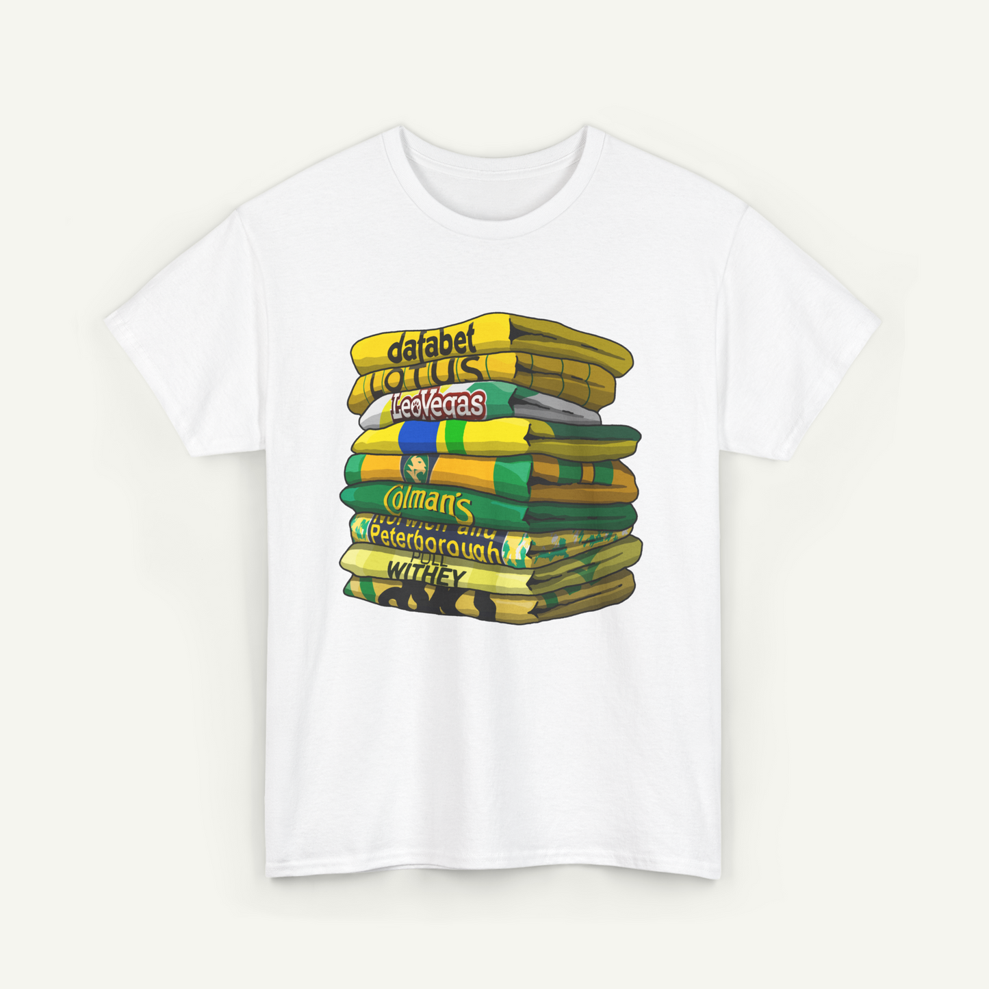 A white t-shirt with a graphic design depicting a stack of colorful towels or bath mats.