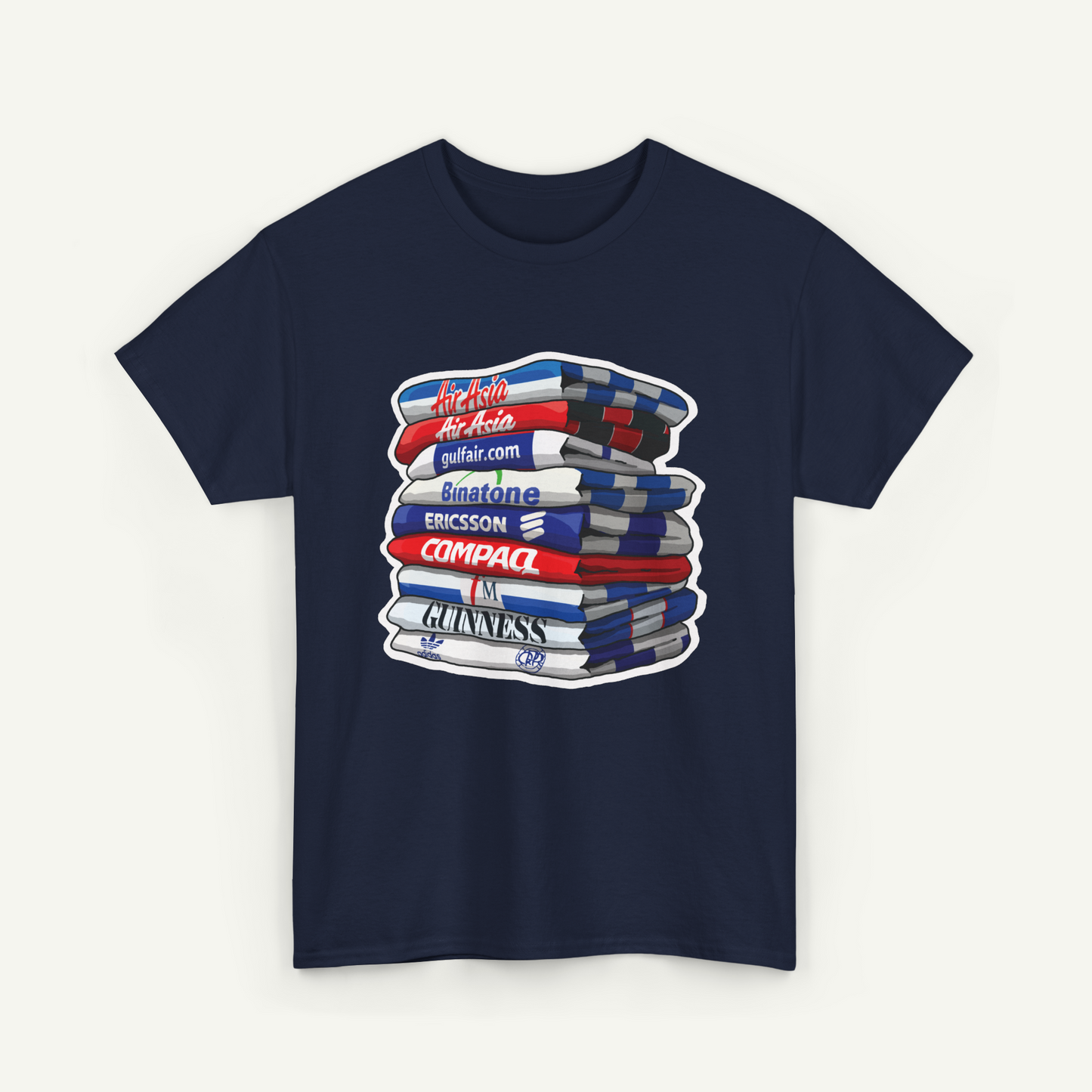A navy blue t-shirt with a graphic design depicting a stack of books or magazines with various text elements on them.