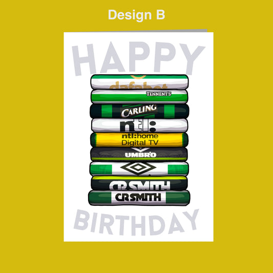 A birthday card with a stack of colorful books, each representing a different brand or company, such as Carling, Umbro, Cr Smith, and Tenents.