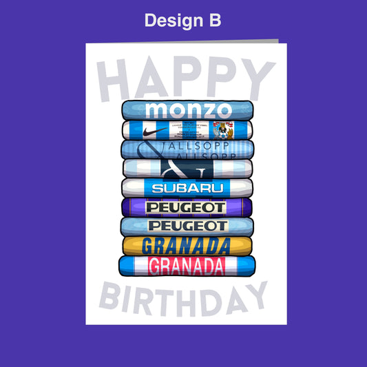 A birthday card with a stack of various sports team logos, including monzo, Allsopp, Subaru, Peugeot, Granada, and others, arranged in a stack. The text "Happy Birthday" is displayed below the stack of logos.