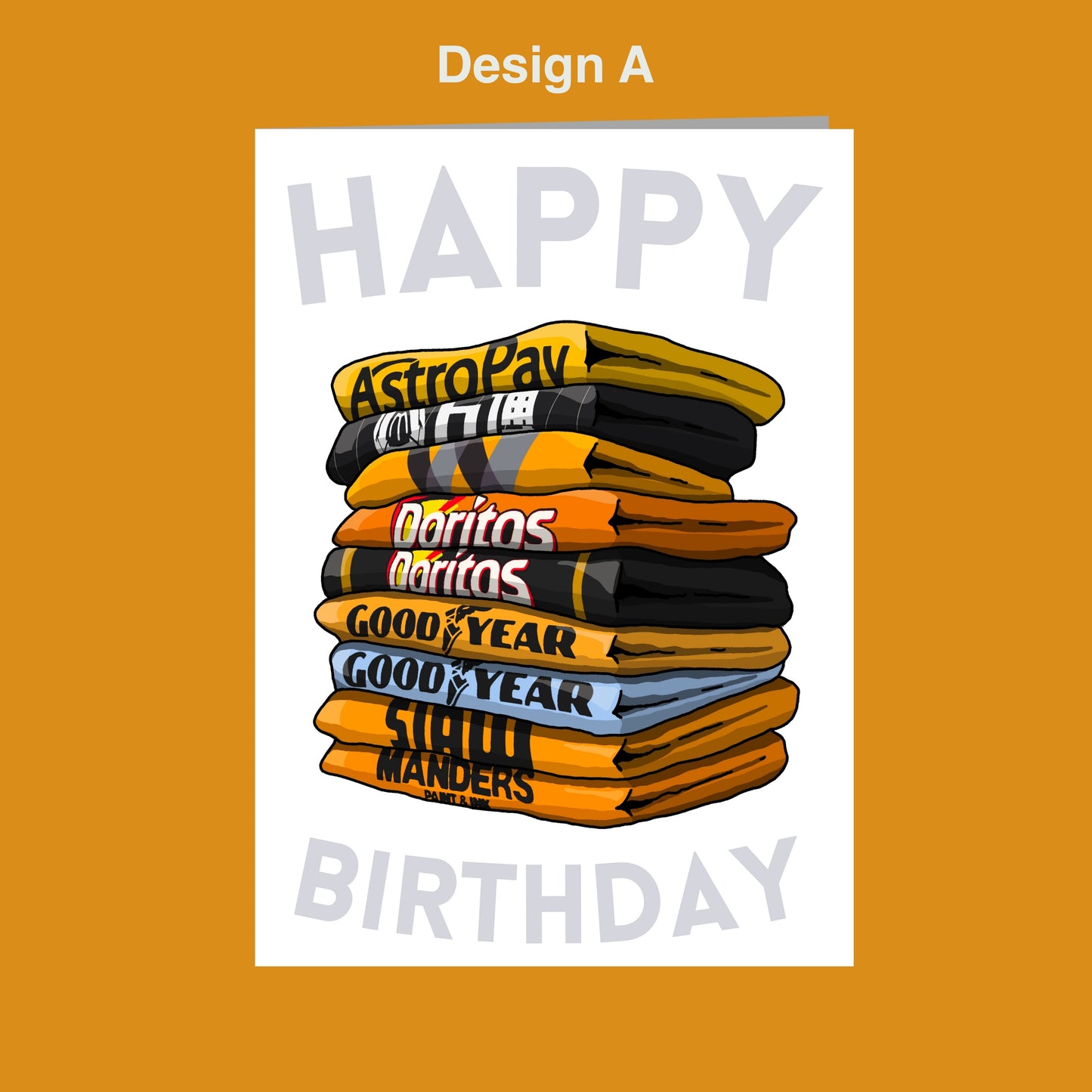 A stack of colorful towels with the text "Happy Birthday" written on them, set against a bright orange background.