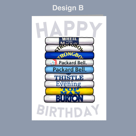 A birthday card with a stack of colorful tubes, each representing a different brand or company, such as Strongbow, Packard Bell, Thistle, Evening, and Burton.
