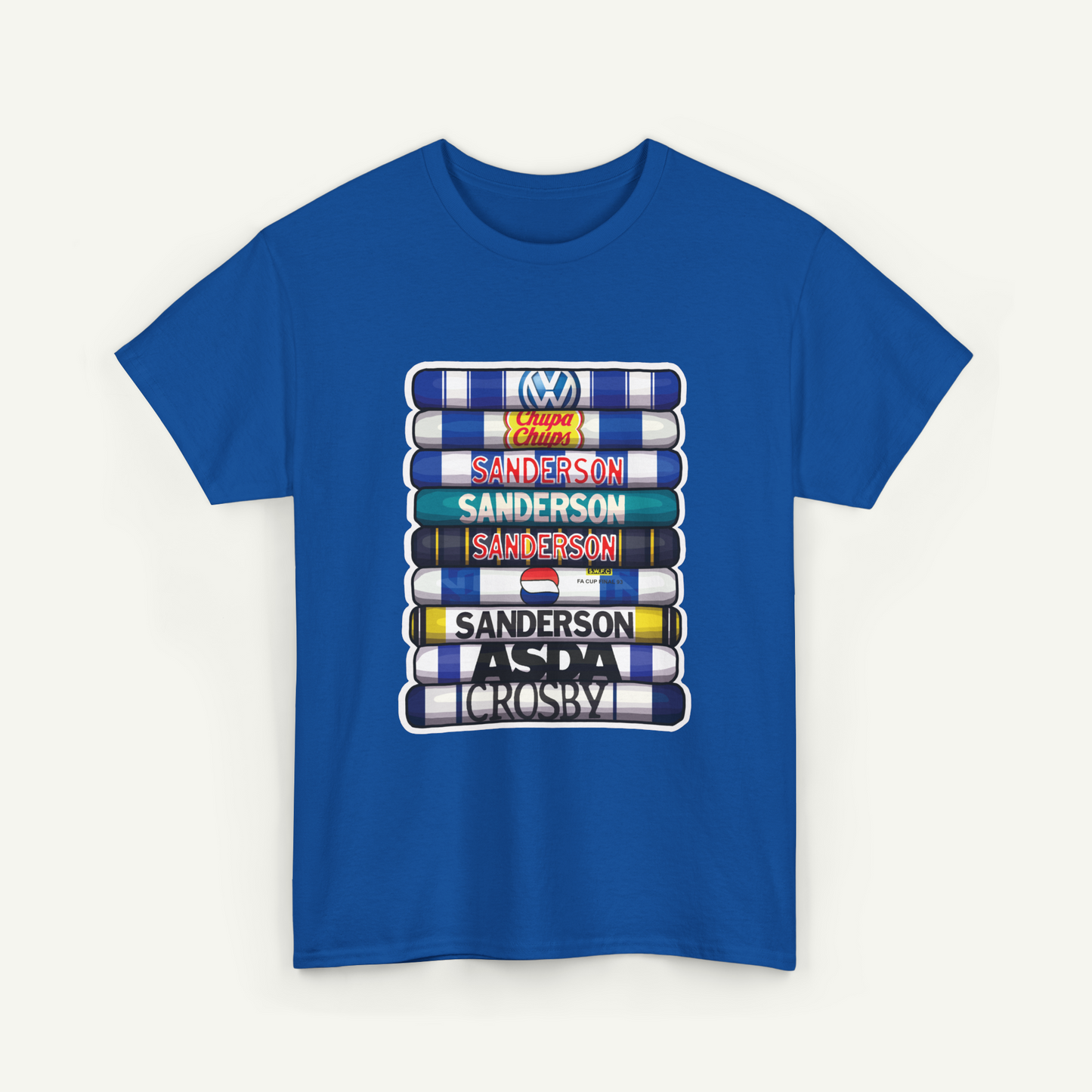 A blue t-shirt with a graphic design featuring a stack of colorful books or magazines with the text "Sanderson" printed on them.