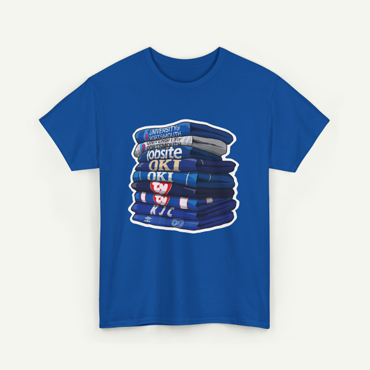 A blue t-shirt with a graphic design depicting a stack of blue and white books or folders.