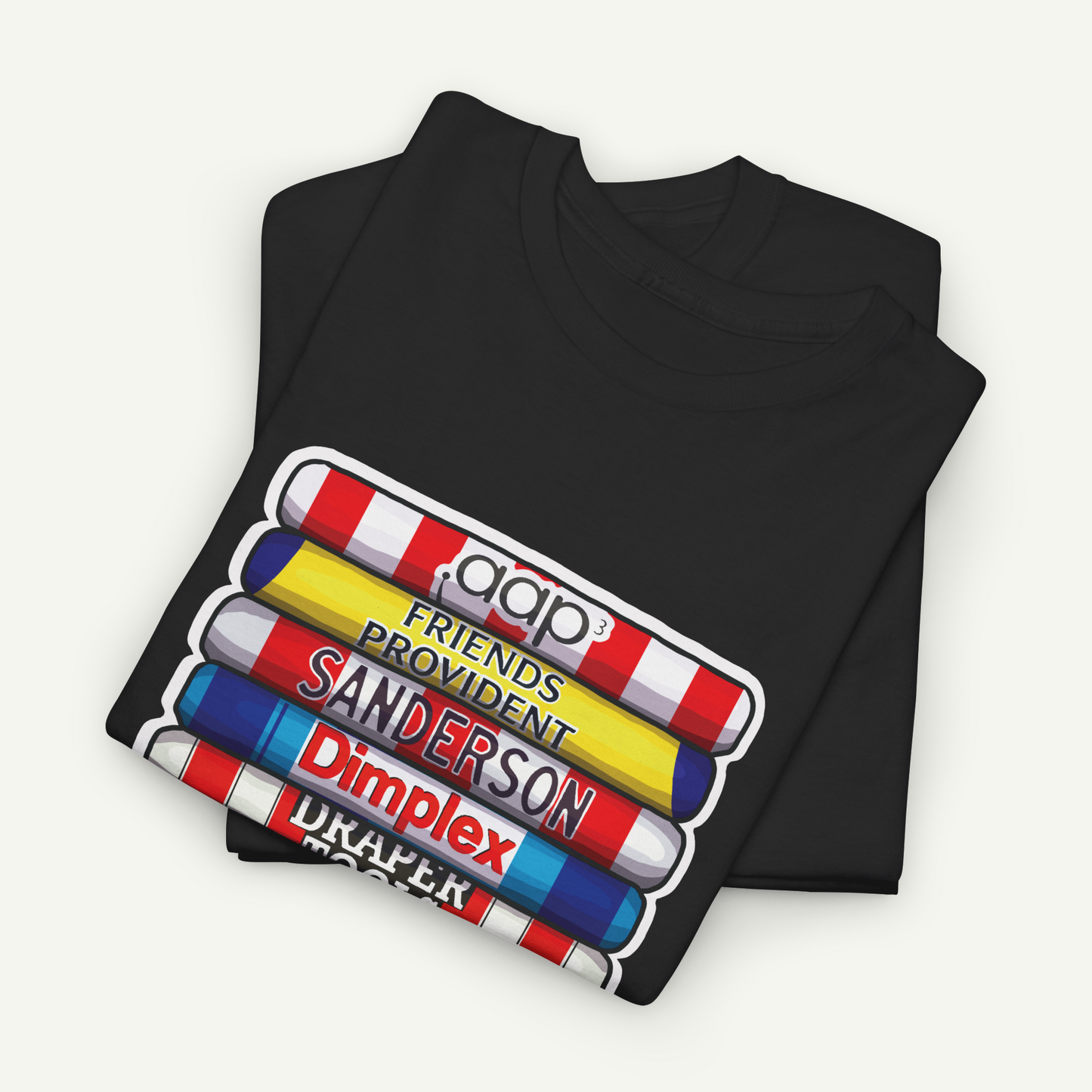A black t-shirt with a graphic design featuring a stack of colorful pencils with the text "DIMPLEX" printed on them.