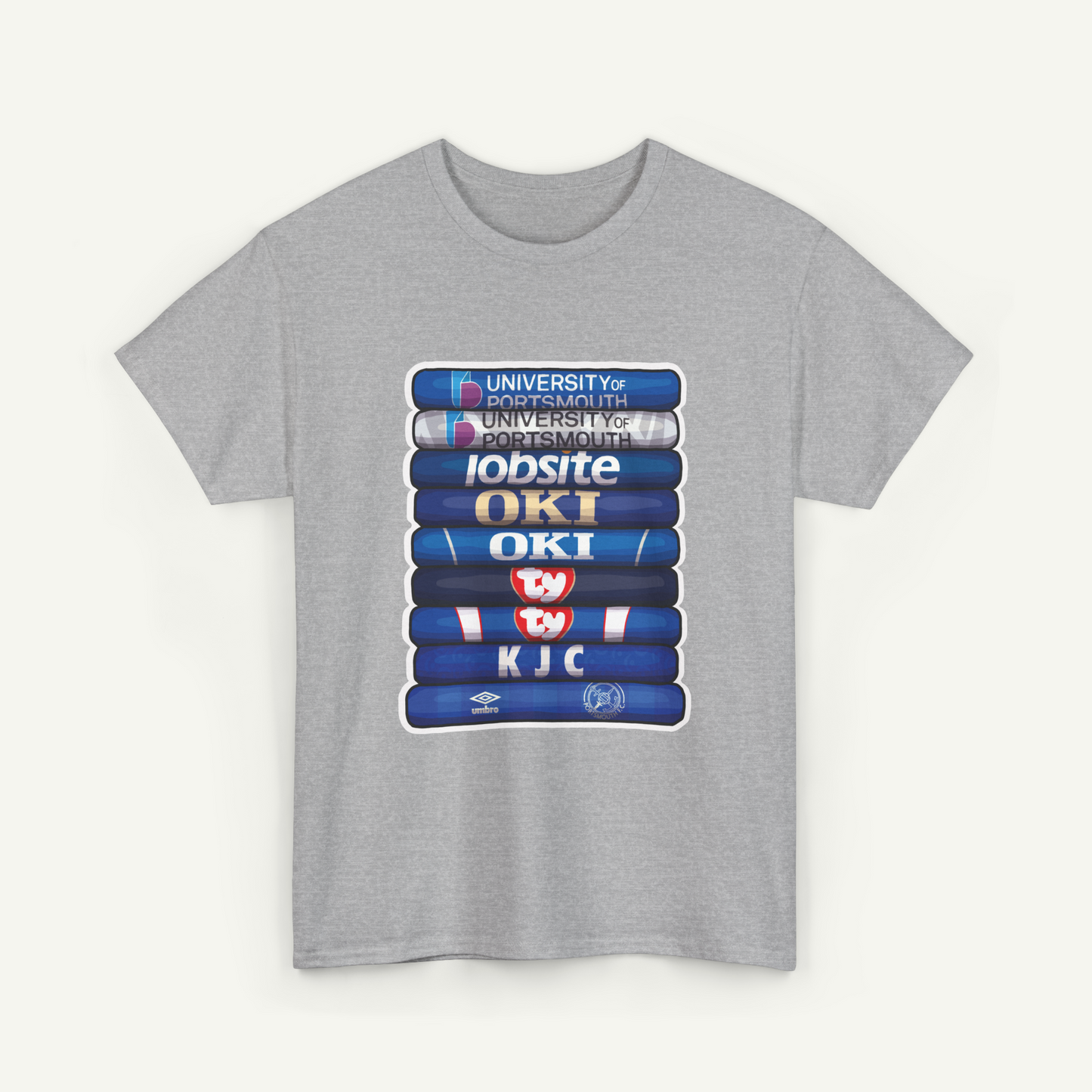 A gray t-shirt with a graphic design featuring a stack of blue and white tubes with various logos and text on them.
