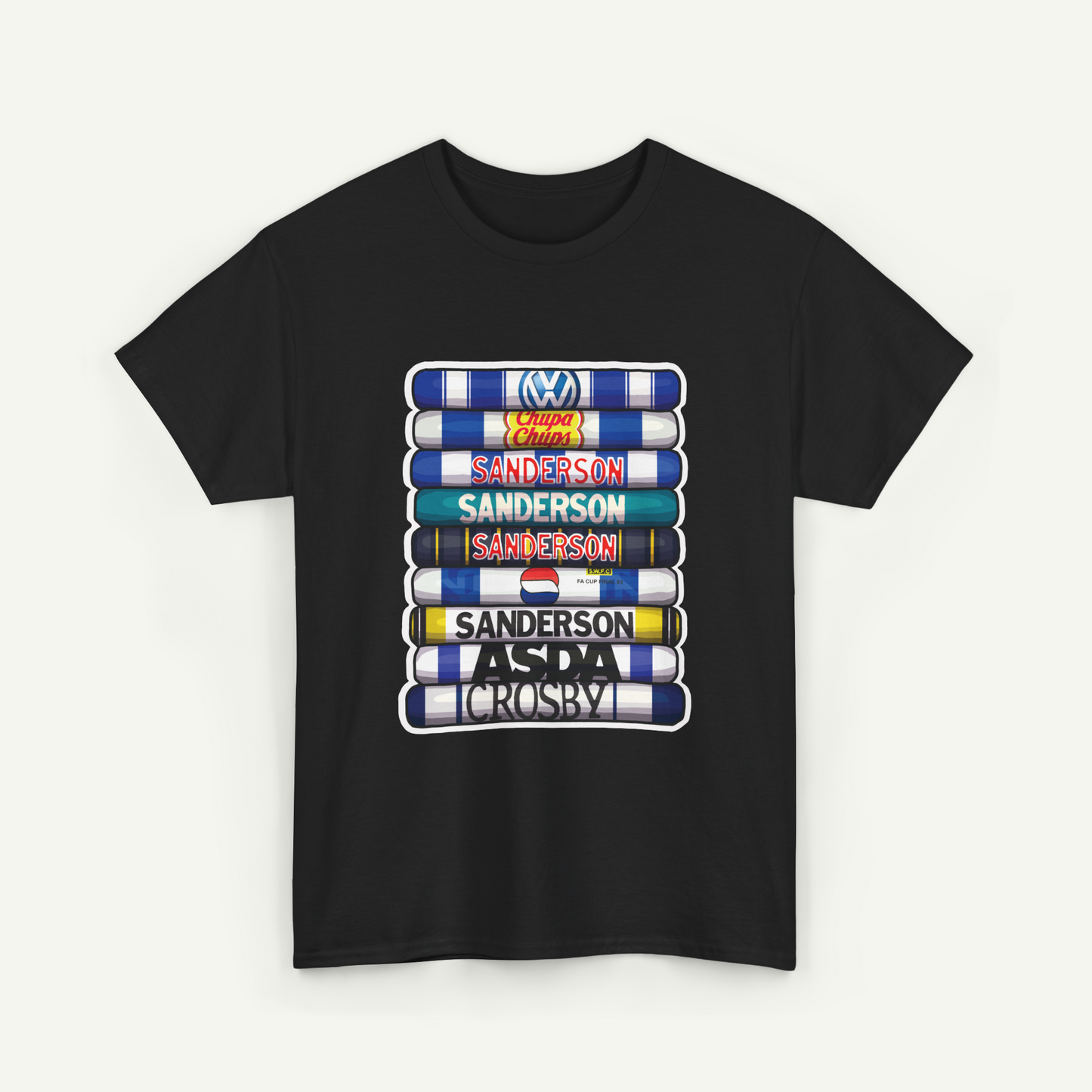 A black t-shirt with a graphic design featuring a stack of colorful tubes with the text "Sanderson" printed on them.