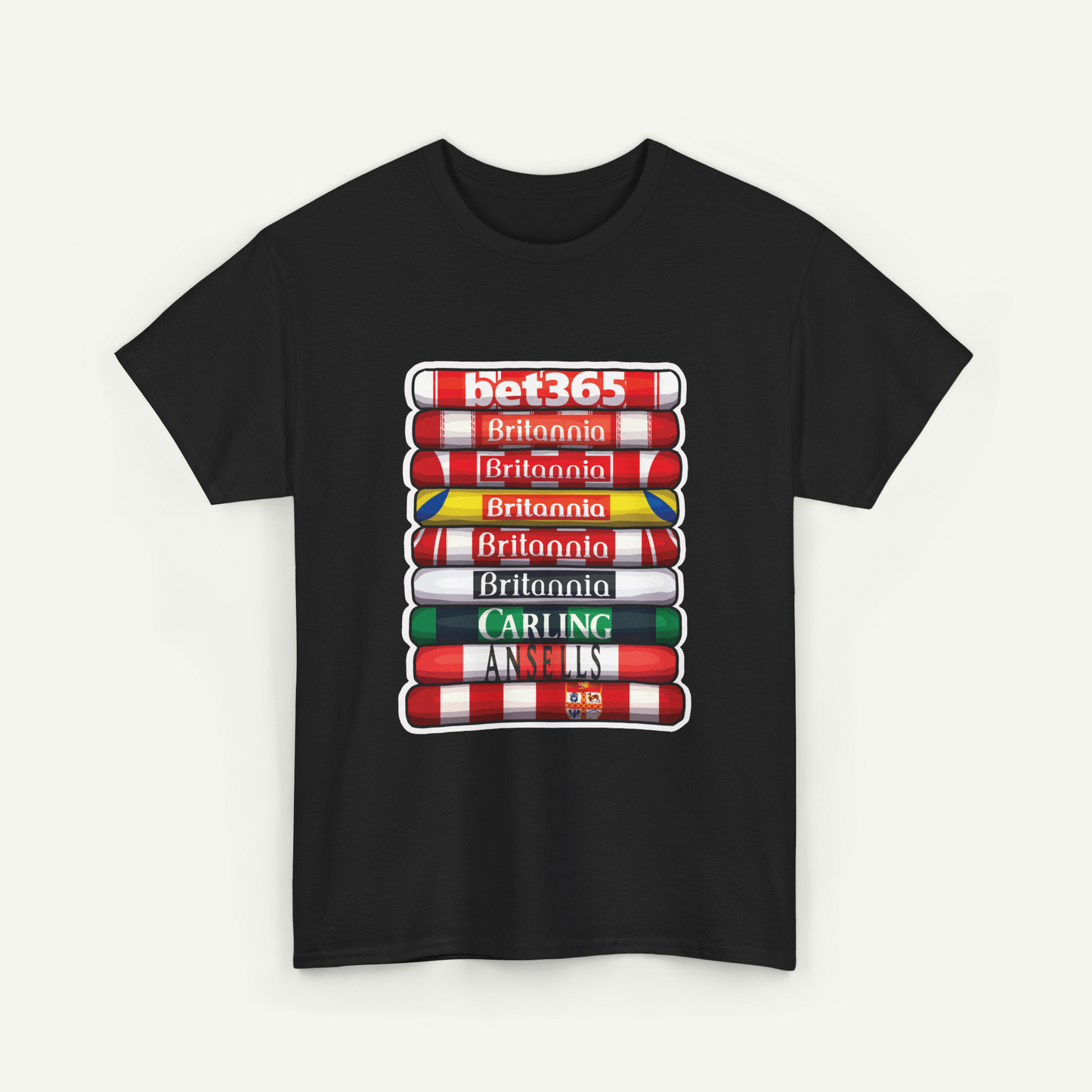 A black t-shirt with a graphic design depicting a stack of colored tubes, each representing a different country or region.