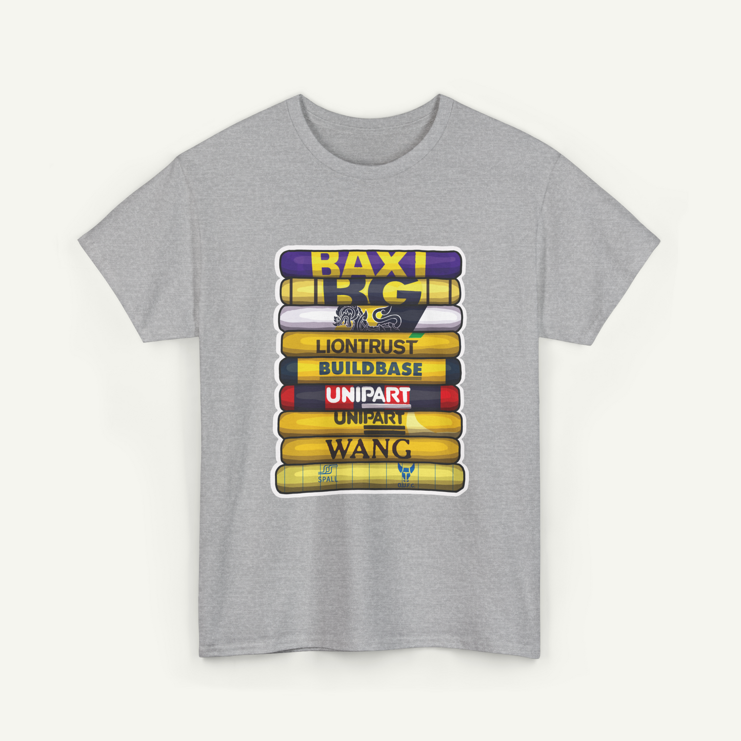 A gray t-shirt with a graphic design featuring a stack of books with various text labels on them.
