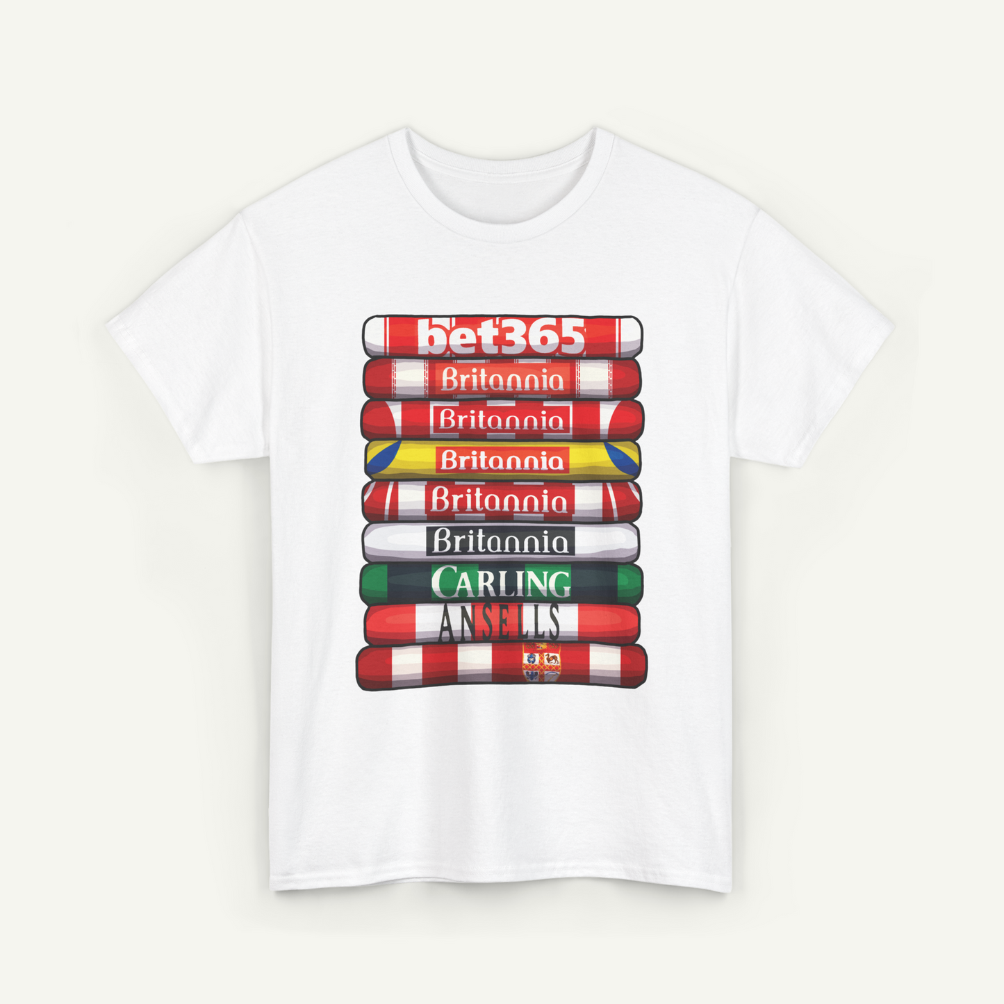 A white t-shirt with a graphic design featuring a stack of colorful tubes with the text "bet365" printed on them.