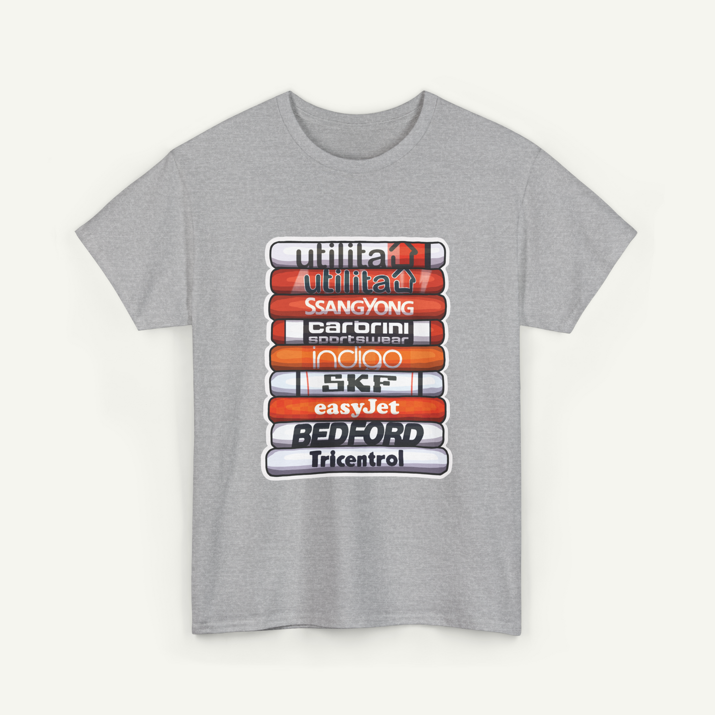A gray t-shirt with a graphic design featuring a stack of colored tubes or cylinders, each representing a different brand or company.