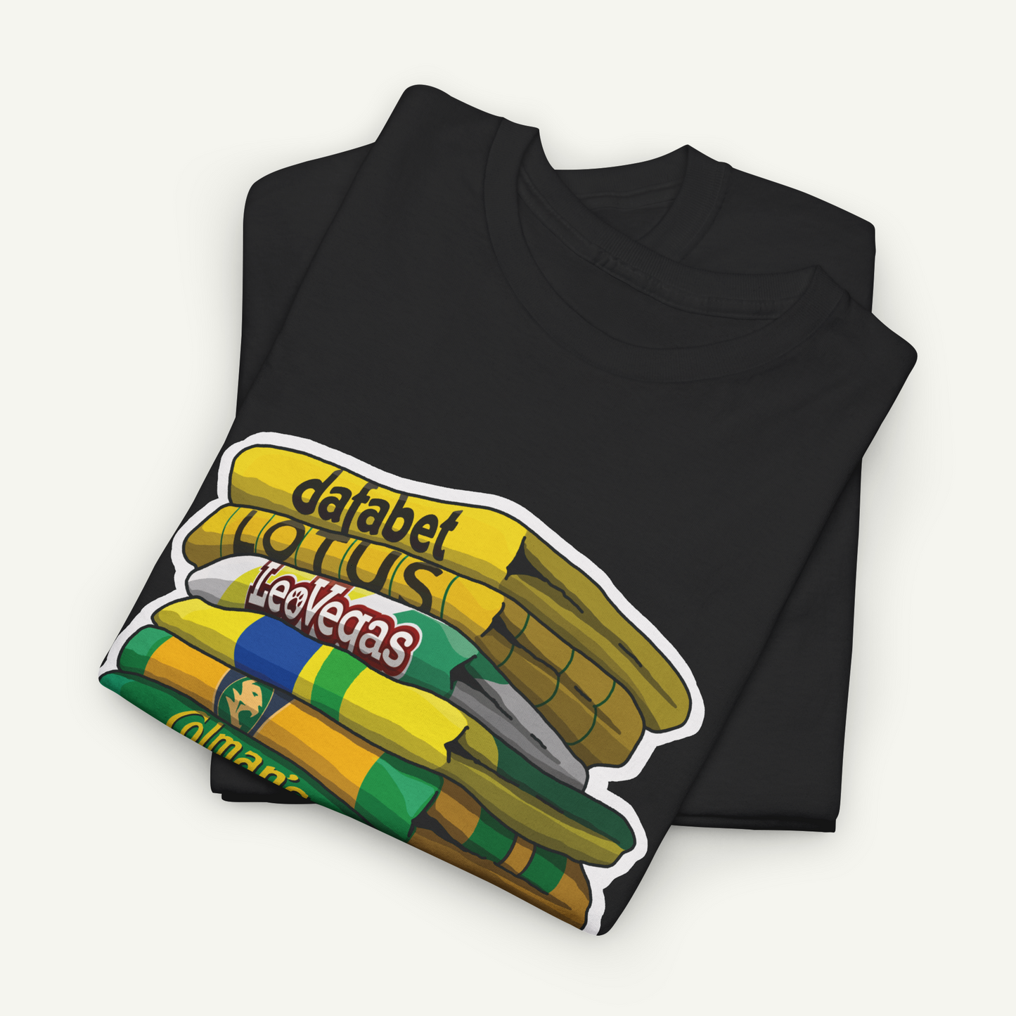 A black t-shirt with a colorful graphic design depicting a stack of books or magazines, with the text "DATA BET LOTUS" and "LES VEGAS" printed on it.