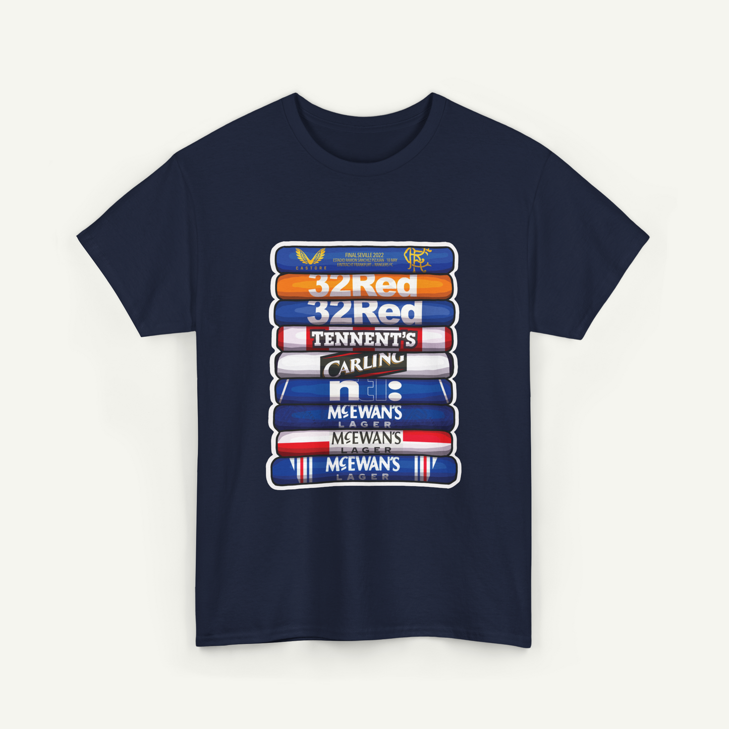 A navy blue t-shirt with a graphic design featuring a stack of colorful tubes or bottles, each representing a different team or brand.