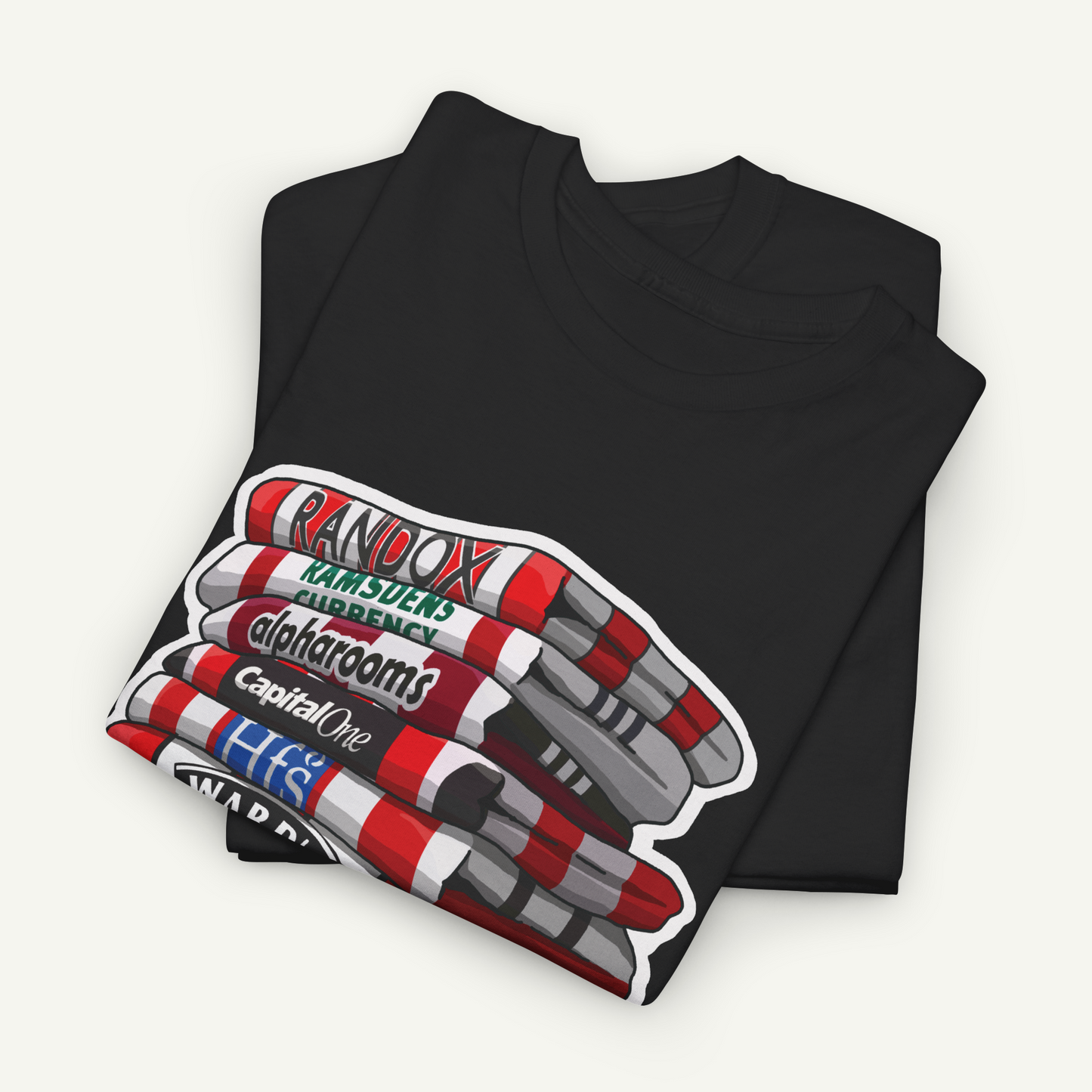 A black t-shirt with a graphic design depicting a stack of colorful markers or highlighters.