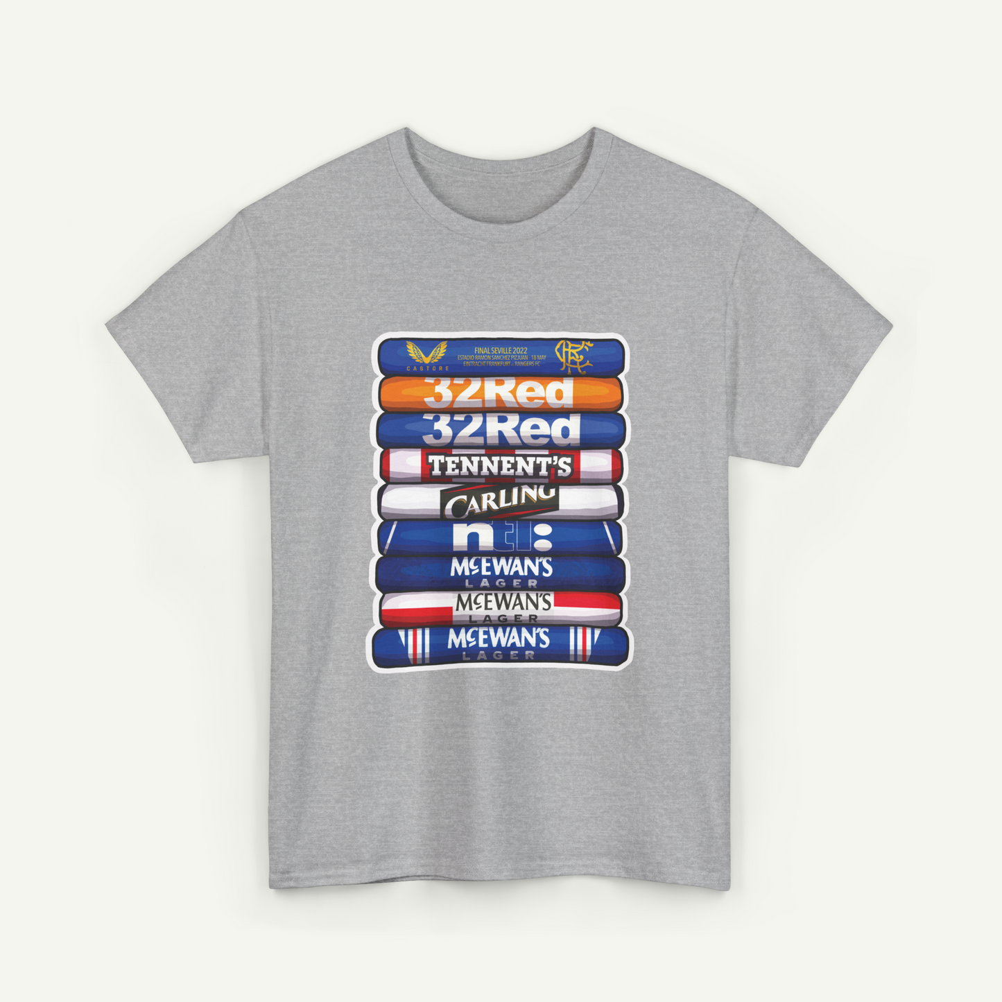 A gray t-shirt with a graphic design featuring a stack of colorful tubes or bottles, each representing a different football team or brand.