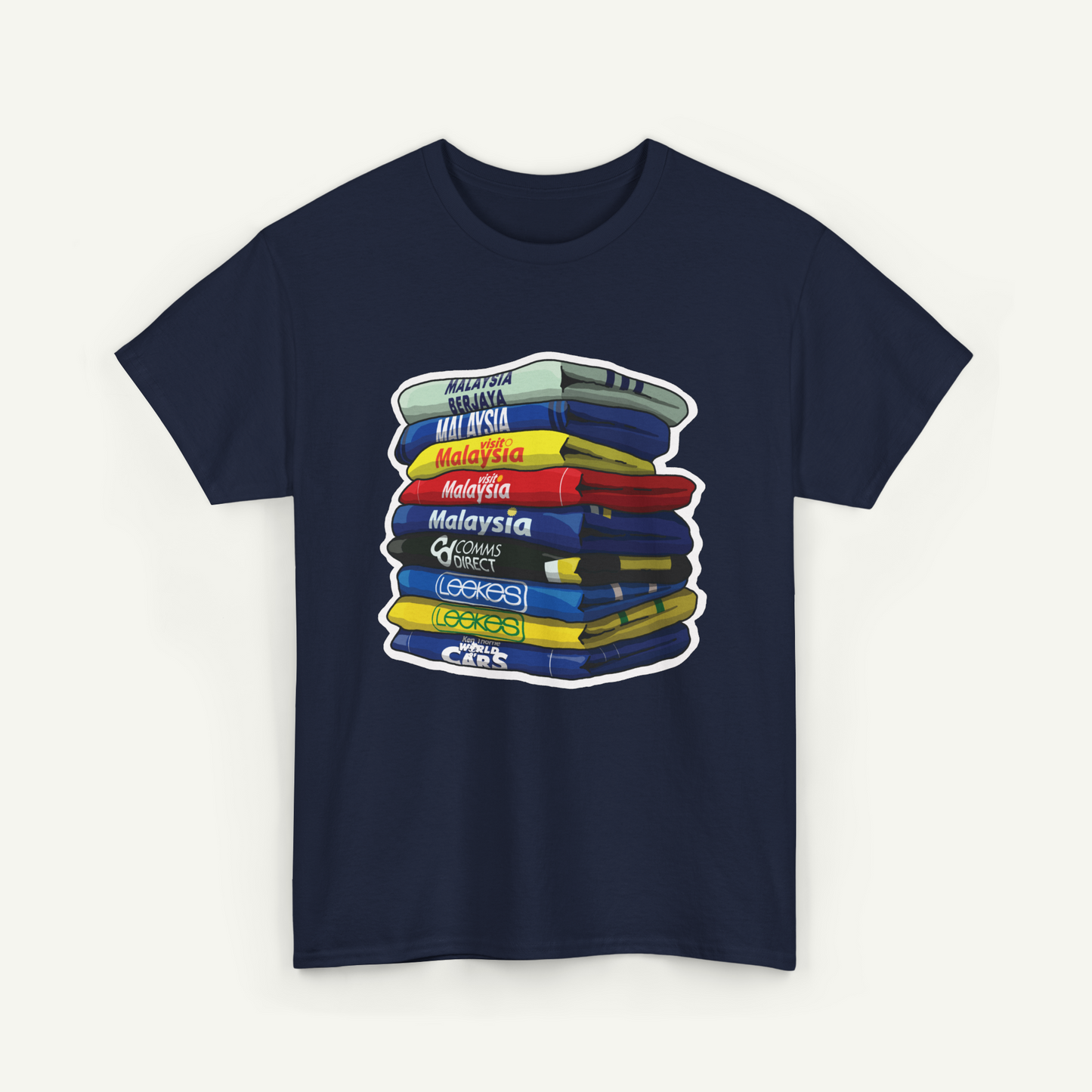 A navy blue t-shirt with a graphic design depicting a stack of colorful books or books, representing various countries.